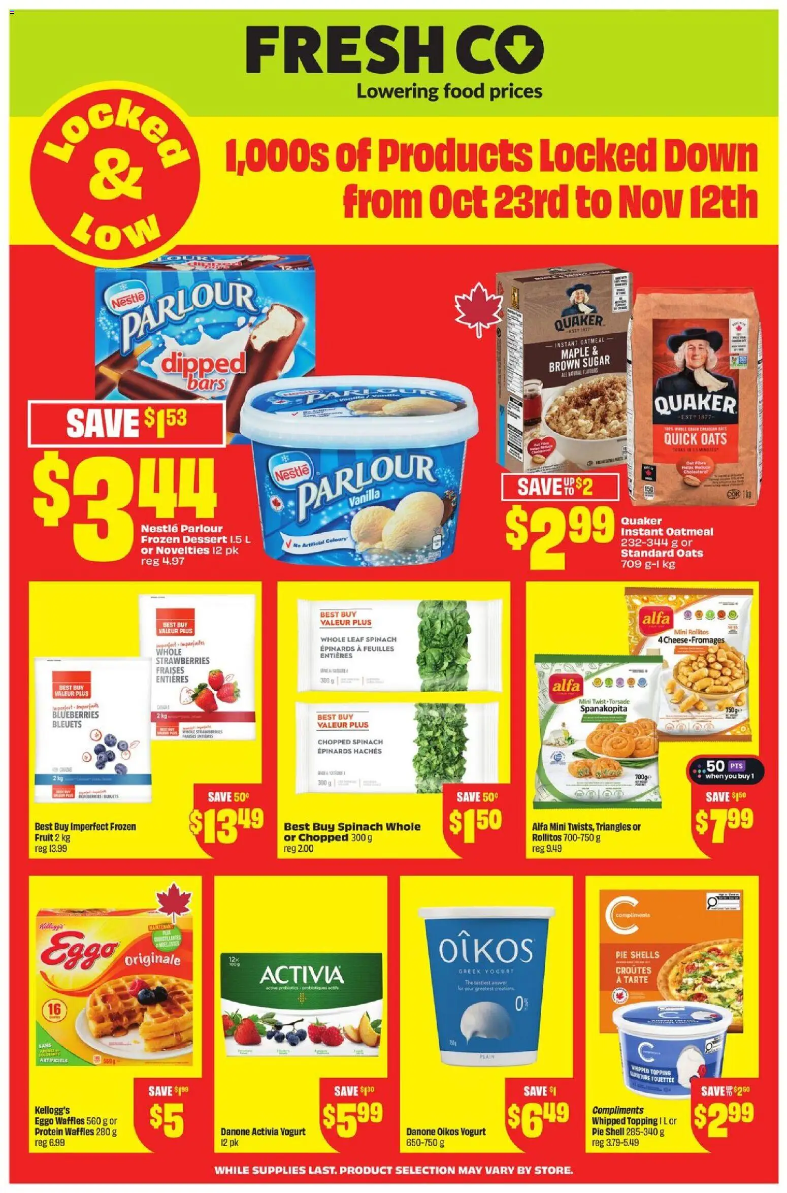 FreshCo flyer valid from 23.10.2025 | Page: 3 | Products: Strawberries, Cheese, Yogurt