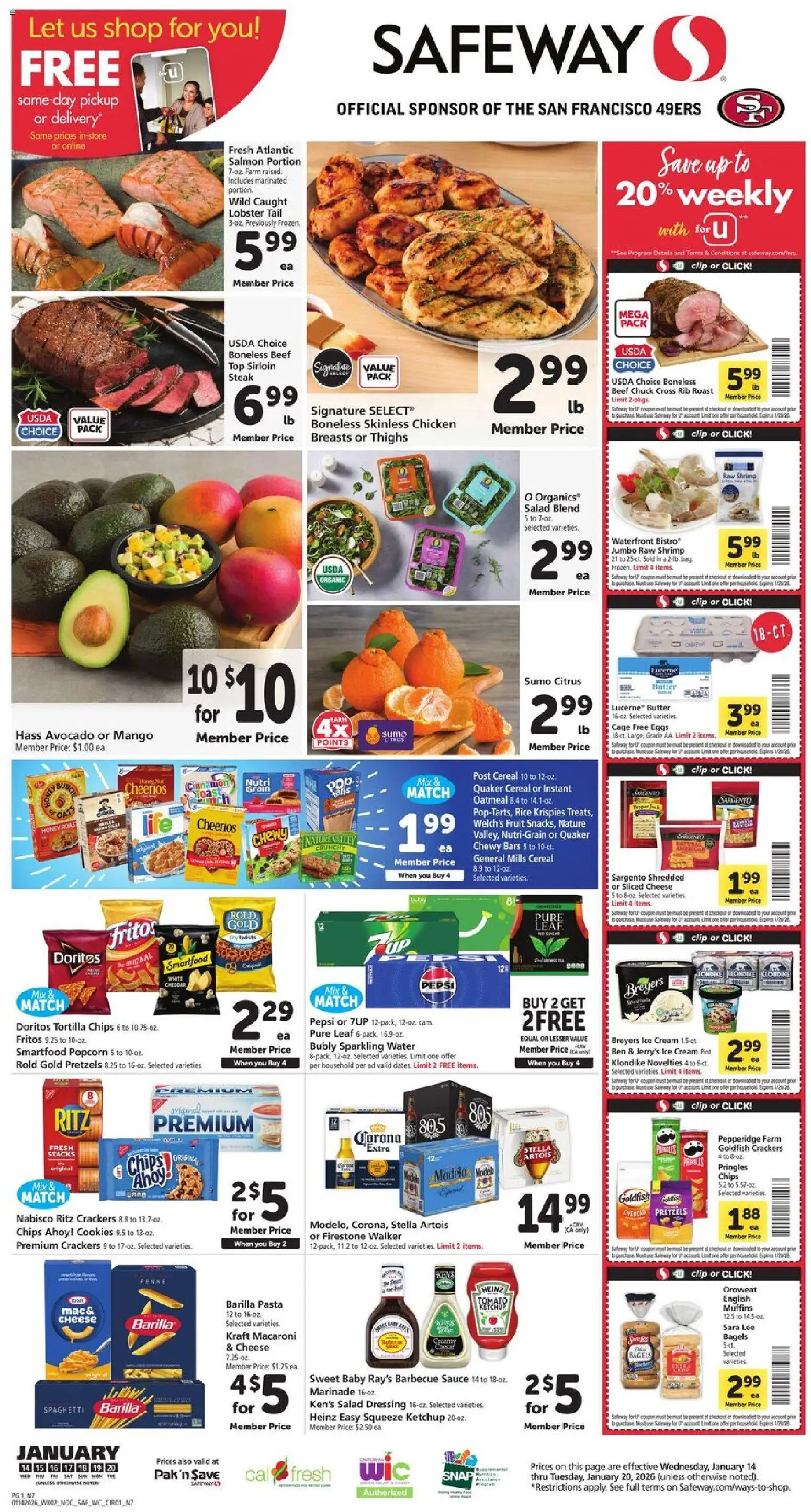 Safeway Weekly Ad - valid from 14.01.2026 | Page: 1 | Products: Cream, Cookies, Avocado, Water