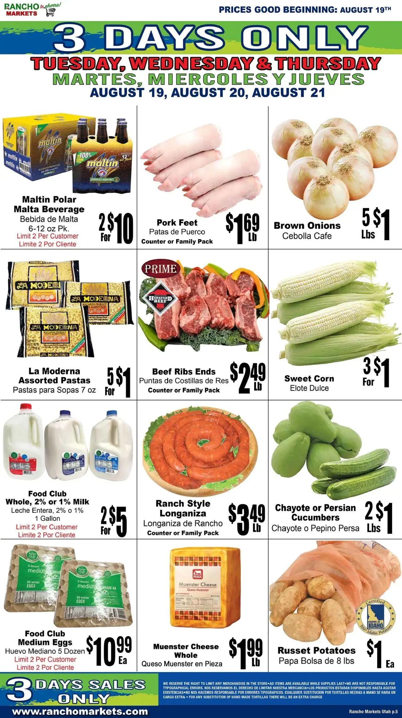 Rancho Markets Weekly Ad - valid from 19.08.2025 | Page: 5 | Products: Cheese, Pork, Beef, Potatoes