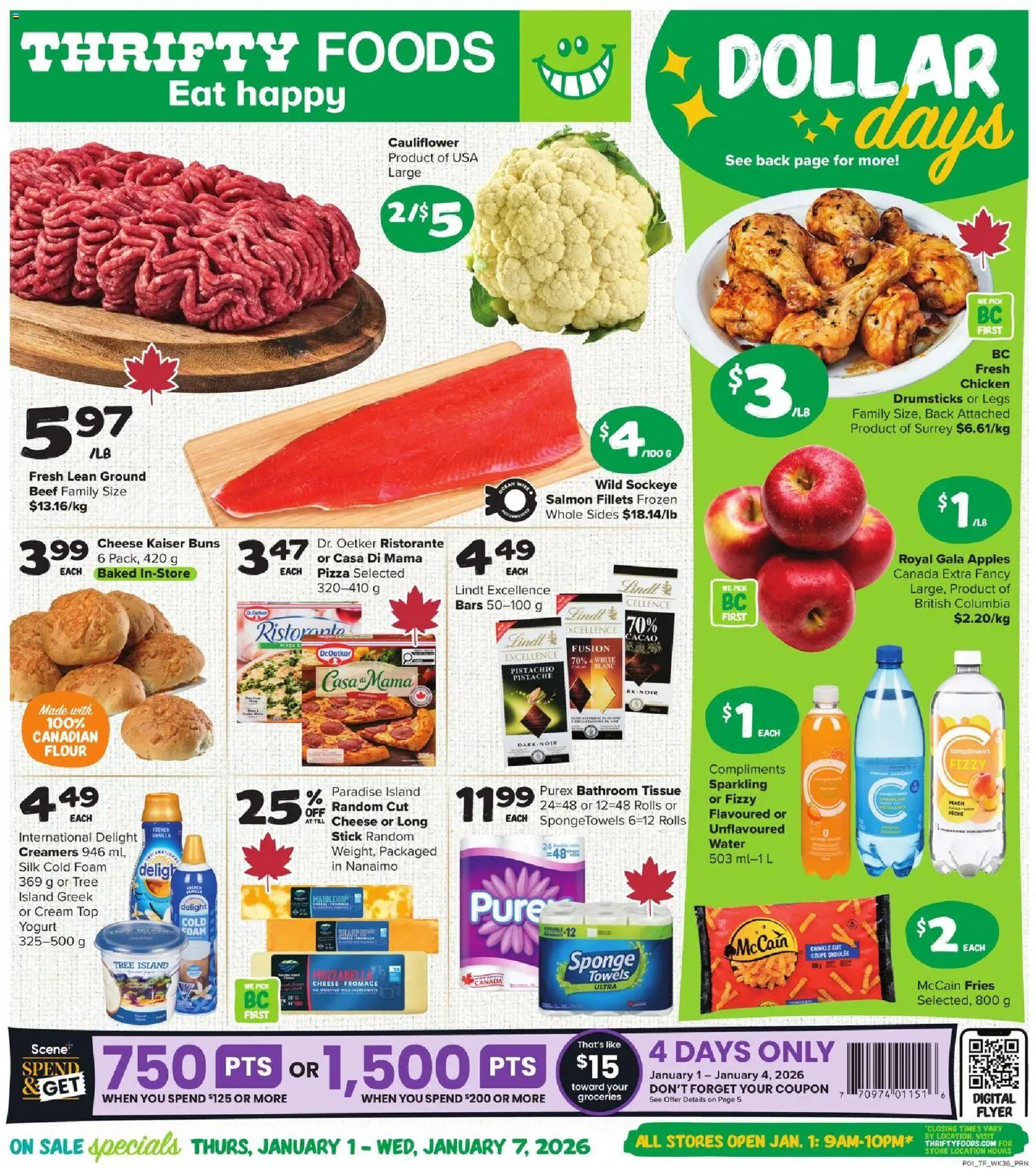 Thrifty Foods flyer valid from 01.01.2026 | Page: 1 | Products: Cream, Cheese, Pizza, Apples