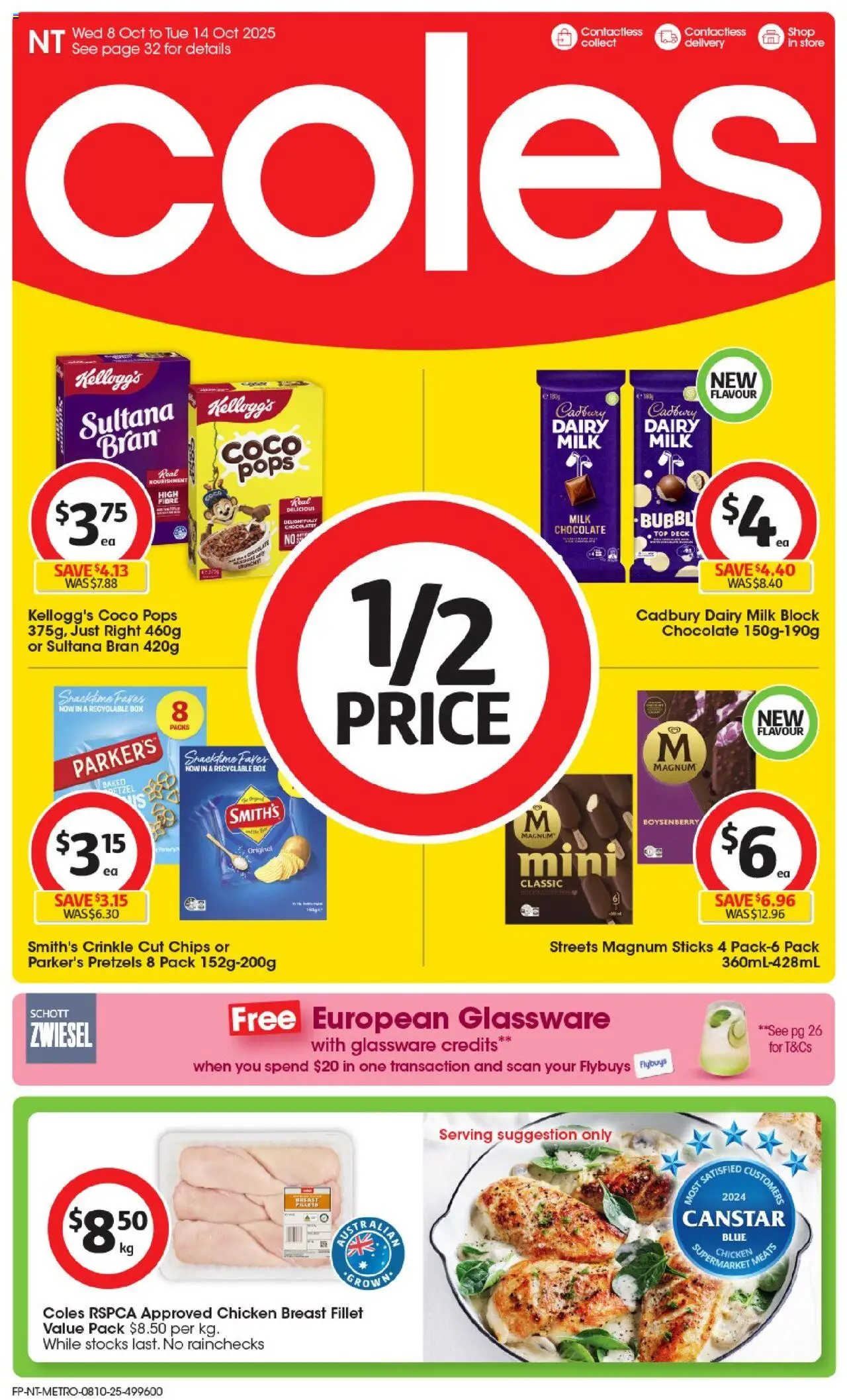 Coles catalogue - valid from 08.10.2025 | Page: 1 | Products: Milk, Glassware, Chicken, Pretzels