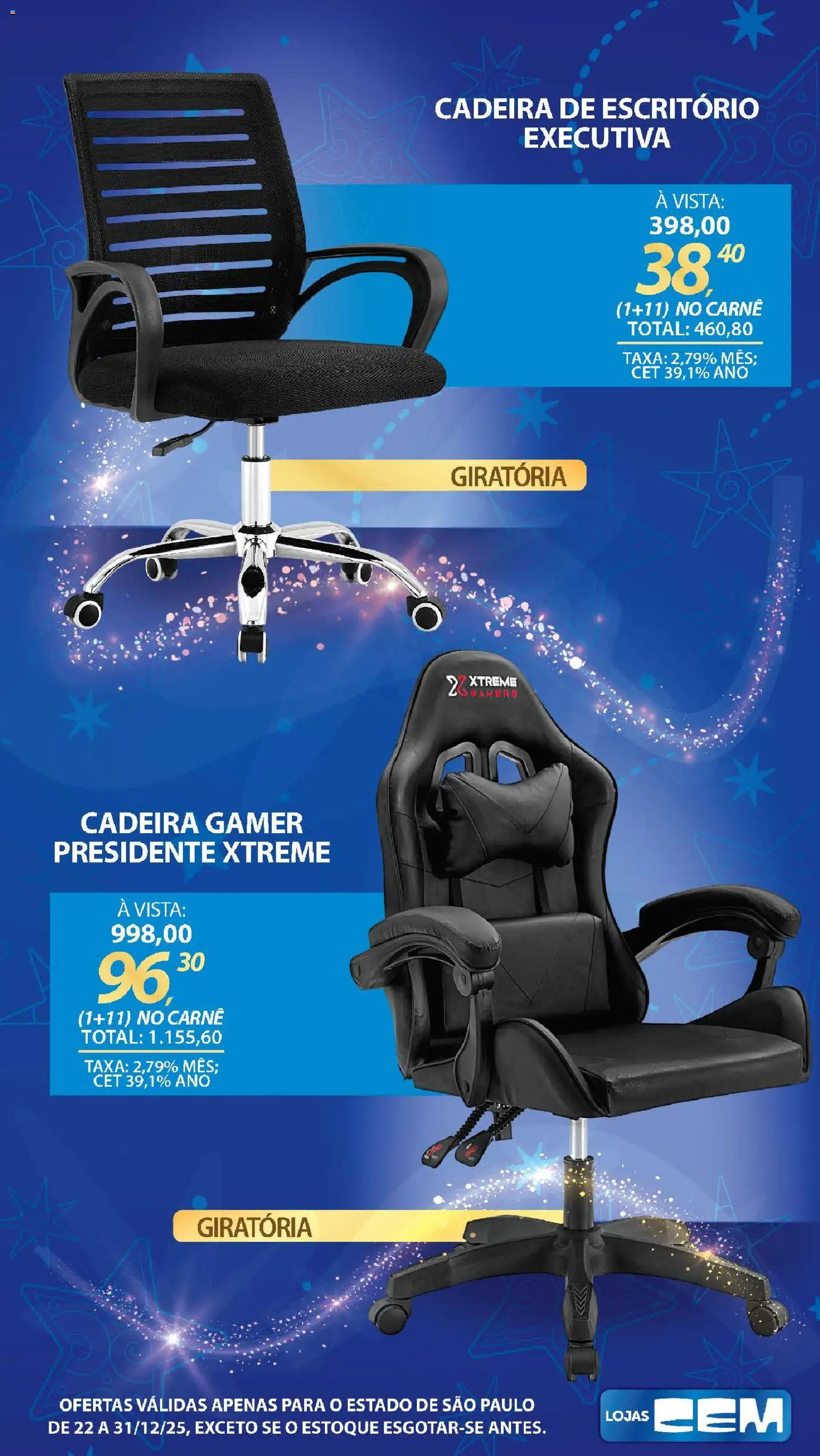 Lojas Cem Folheto - válido de 22.12.2025 | Página: 14 | Produtos: Cadeira gamer, Cadeira, Cadeira de escritório, Carne