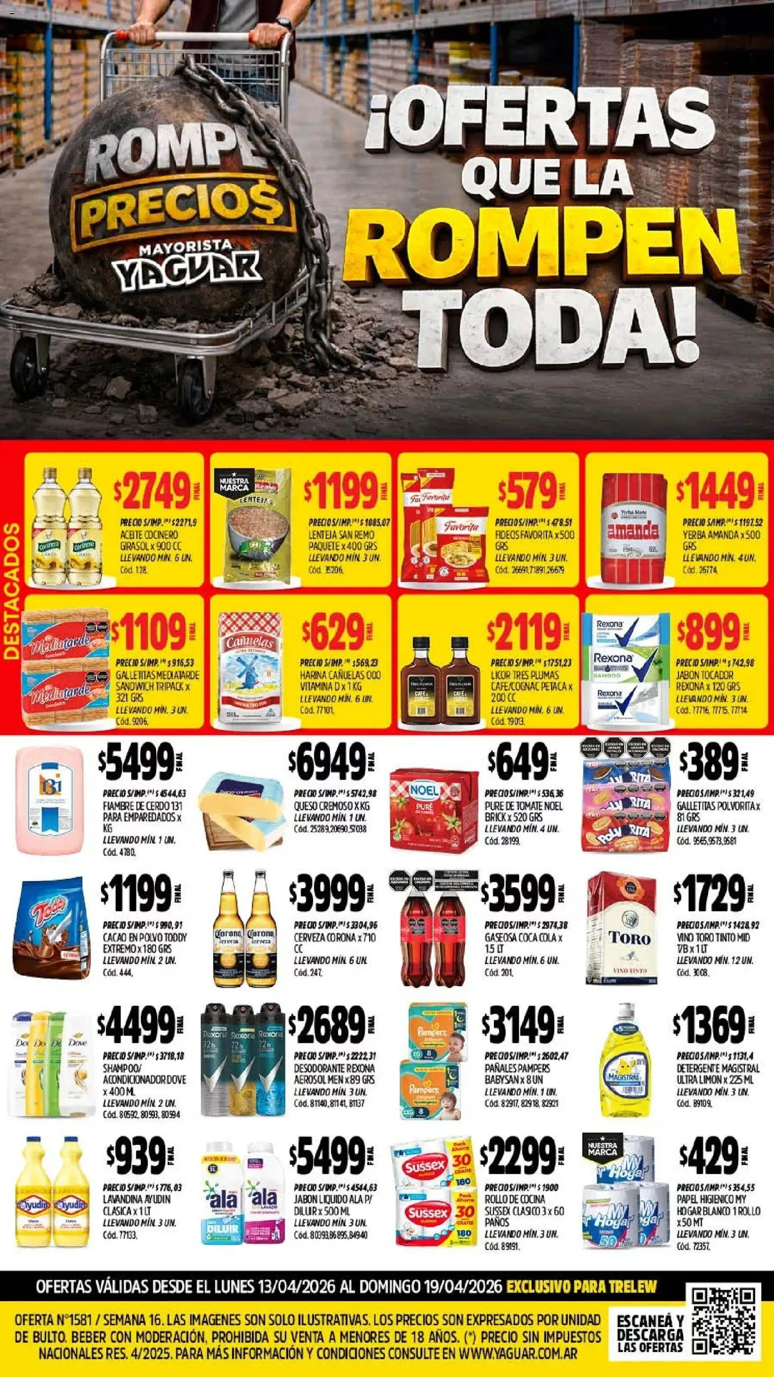 Yaguar - Oferta Semanal Trelew │ válido desde el 13.04.2026 | Página: 1 | Productos: Pure de Tomate, Cerveza, Fideos, Pañales
