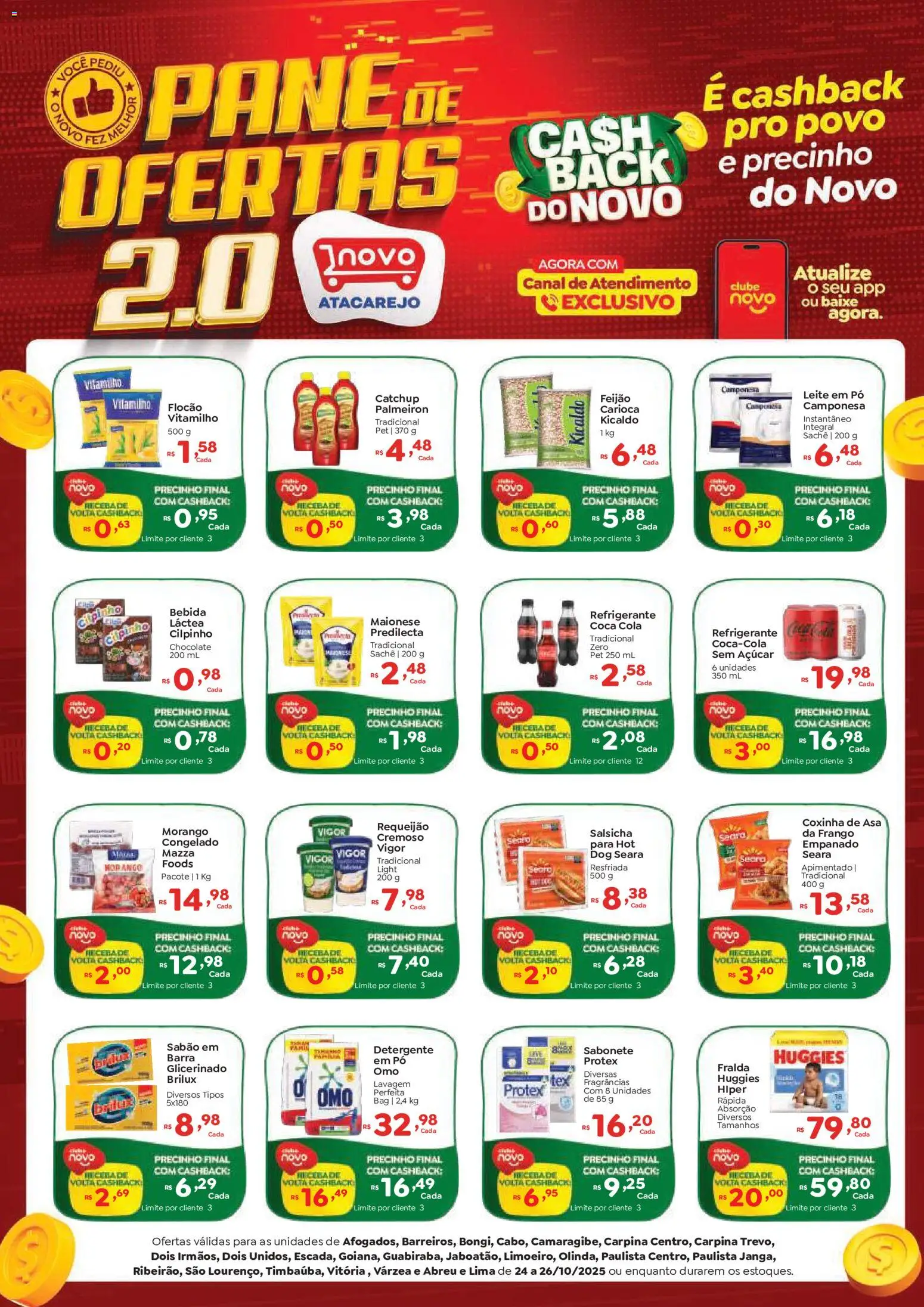 Novo Atacarejo Folheto - válido de 24.10.2025 | Página: 1 | Produtos: Detergente, Cola, Sabonete, Refrigerante