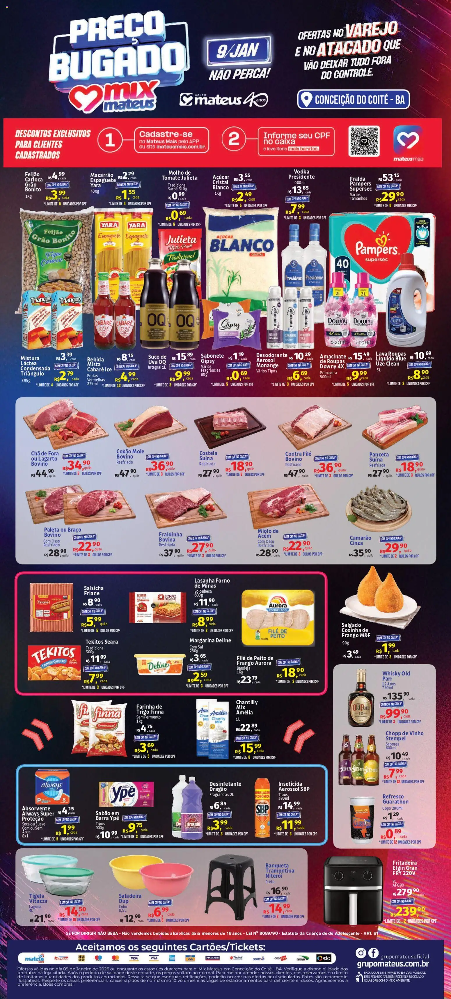 Mateus Folheto - válido de 09.01.2026 | Página: 1 | Produtos: Contra filé, Queijo, Sabonete, Absorvente