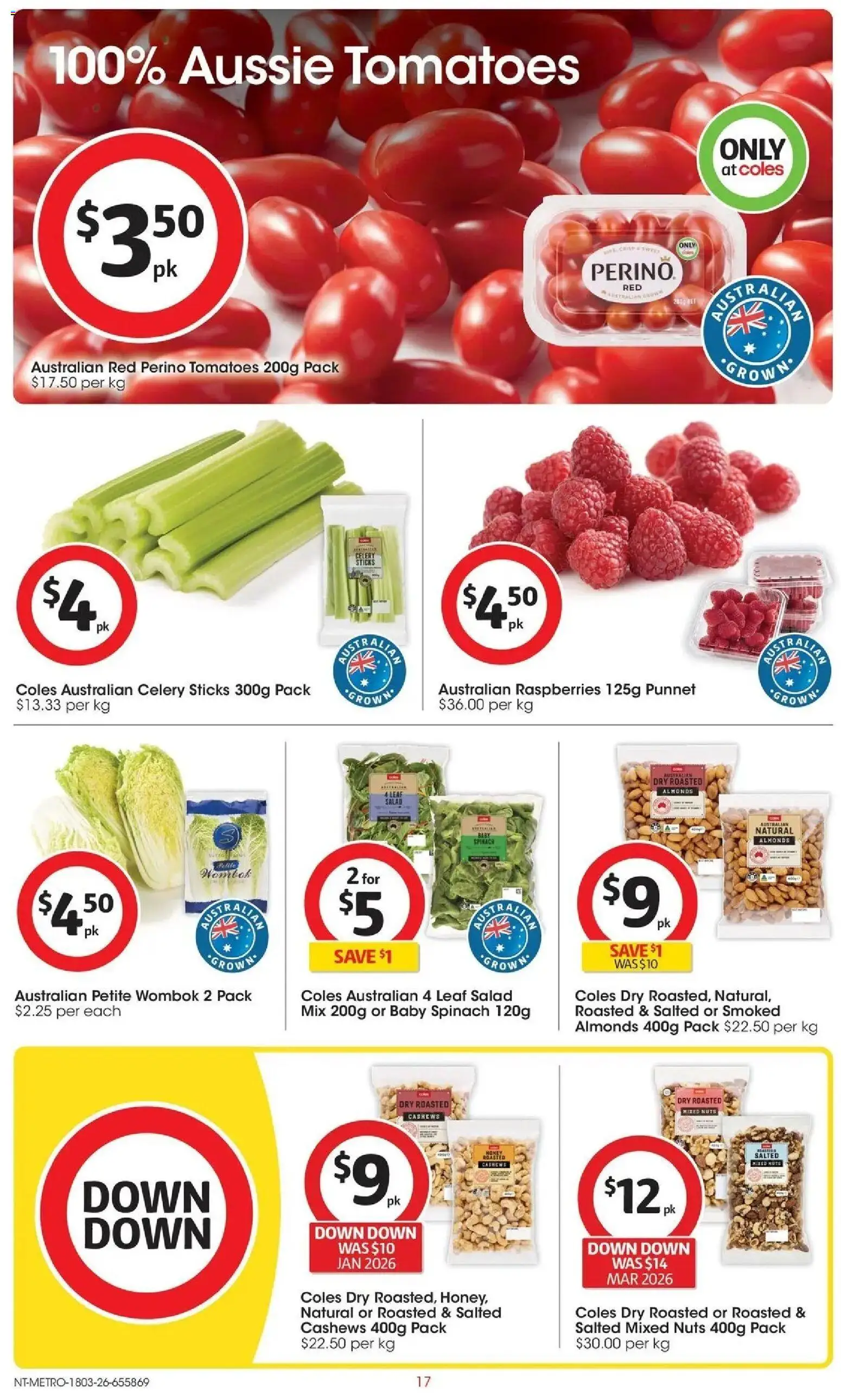 Coles catalogue - valid from 17.03.2026 | Page: 17 | Products: Almonds, Tomatoes, Nuts, Spinach