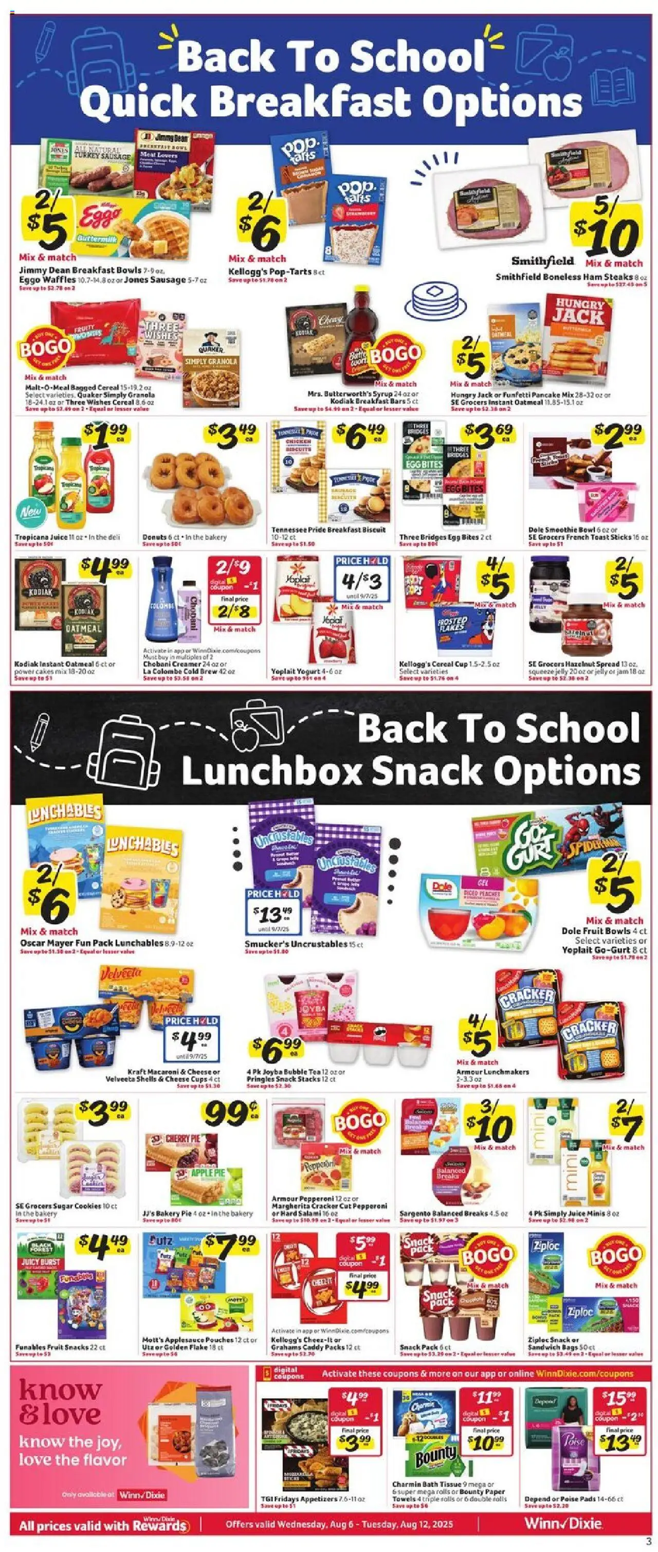 Winn Dixie Weekly Circular - LA - valid from 06.08.2025 | Page: 3 | Products: Peaches, Chocolate, Salami, Pads