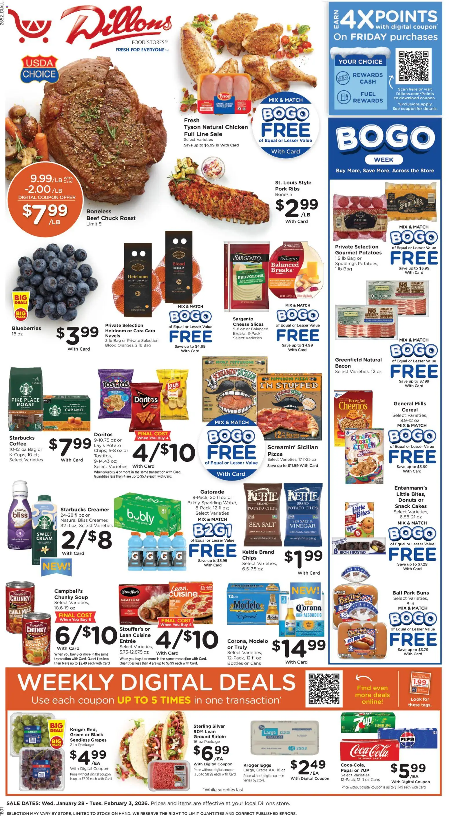 Dillons Weekly Ad - valid from 28.01.2026 | Page: 1 | Products: Coffee, Chocolate, Beef, Salt