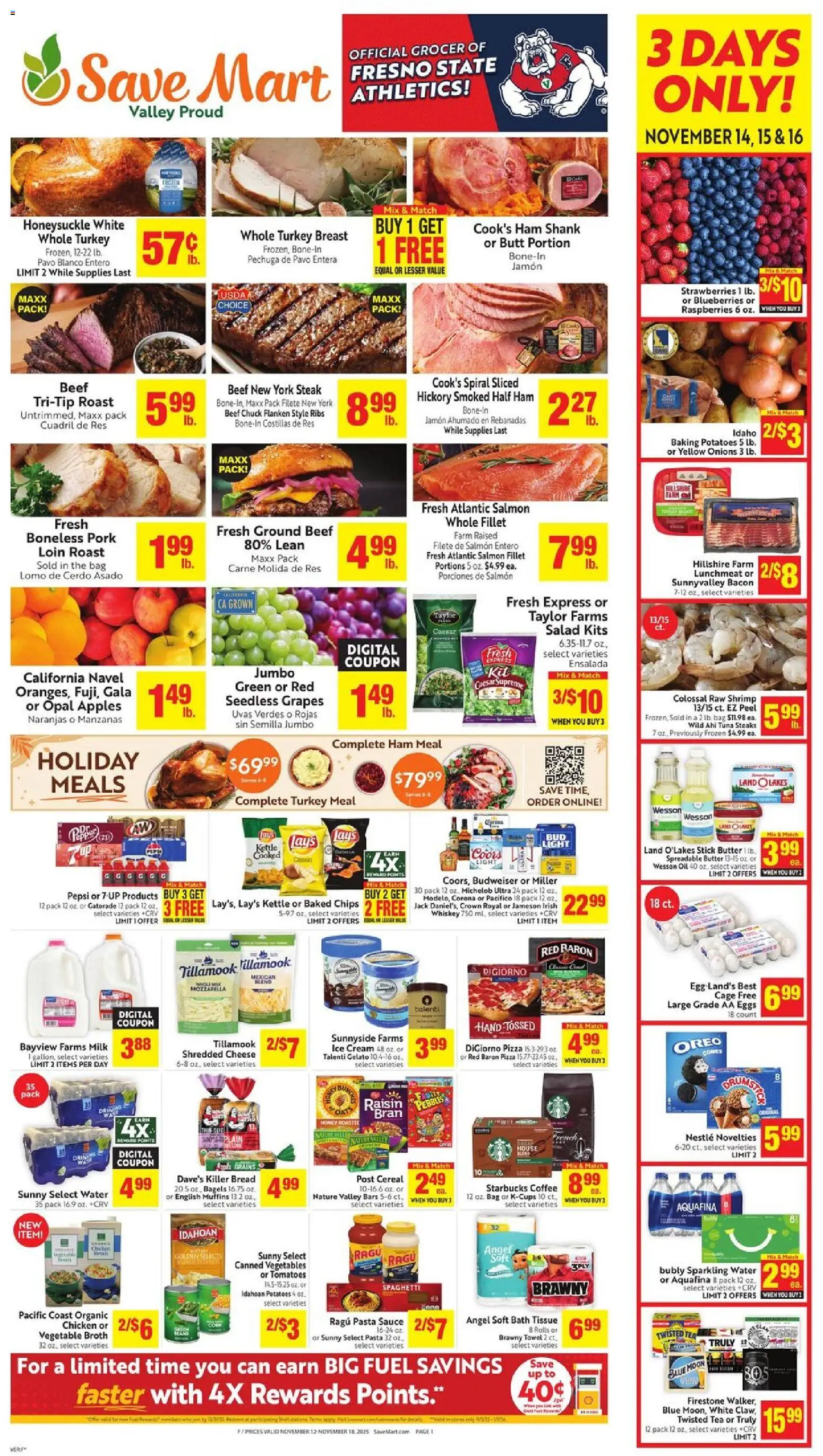 Save Mart Weekly - CA - valid from 12.11.2025 | Page: 1 | Products: Potatoes, Sauce, Grapes, Bag