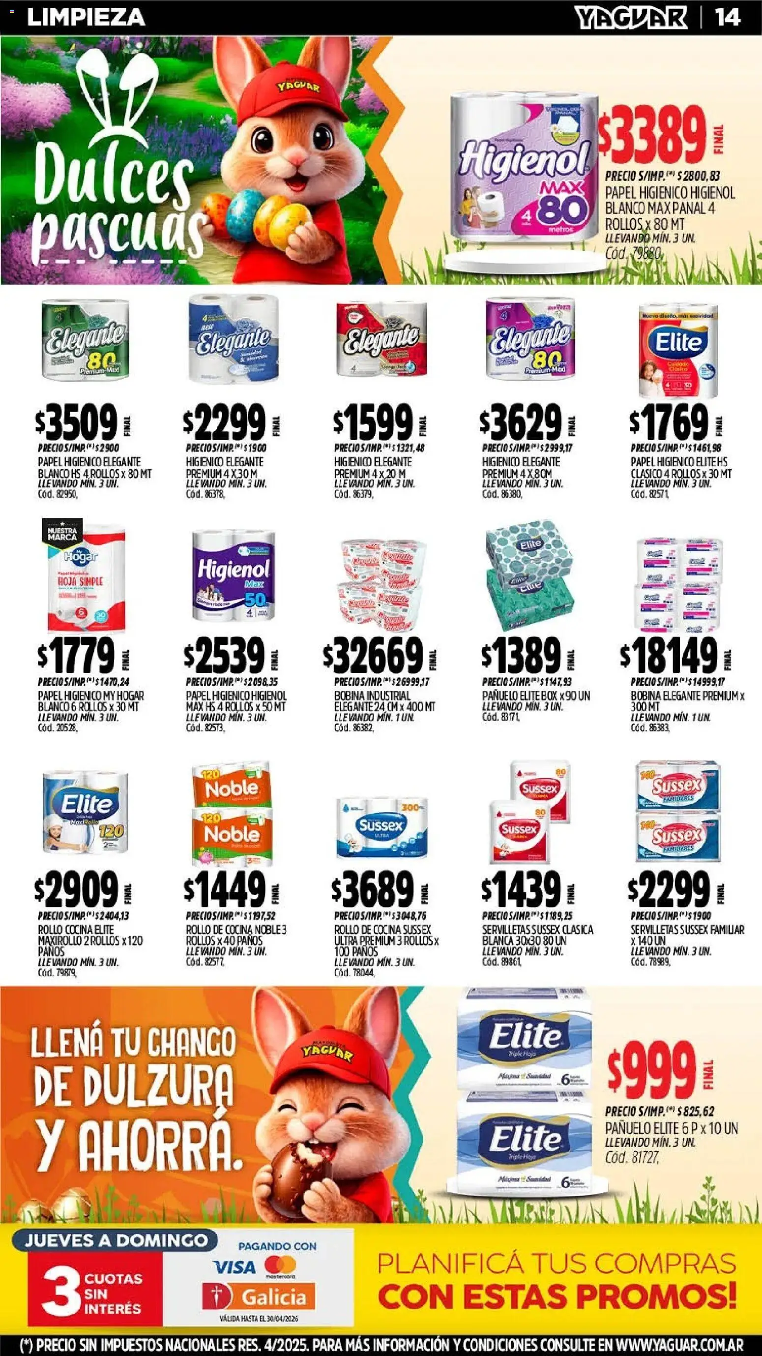 Yaguar - Oferta Semanal Santa Fé │ válido desde el 30.03.2026 | Página: 14 | Productos: Papel higiénico, Cocina, Servilletas, Huevo