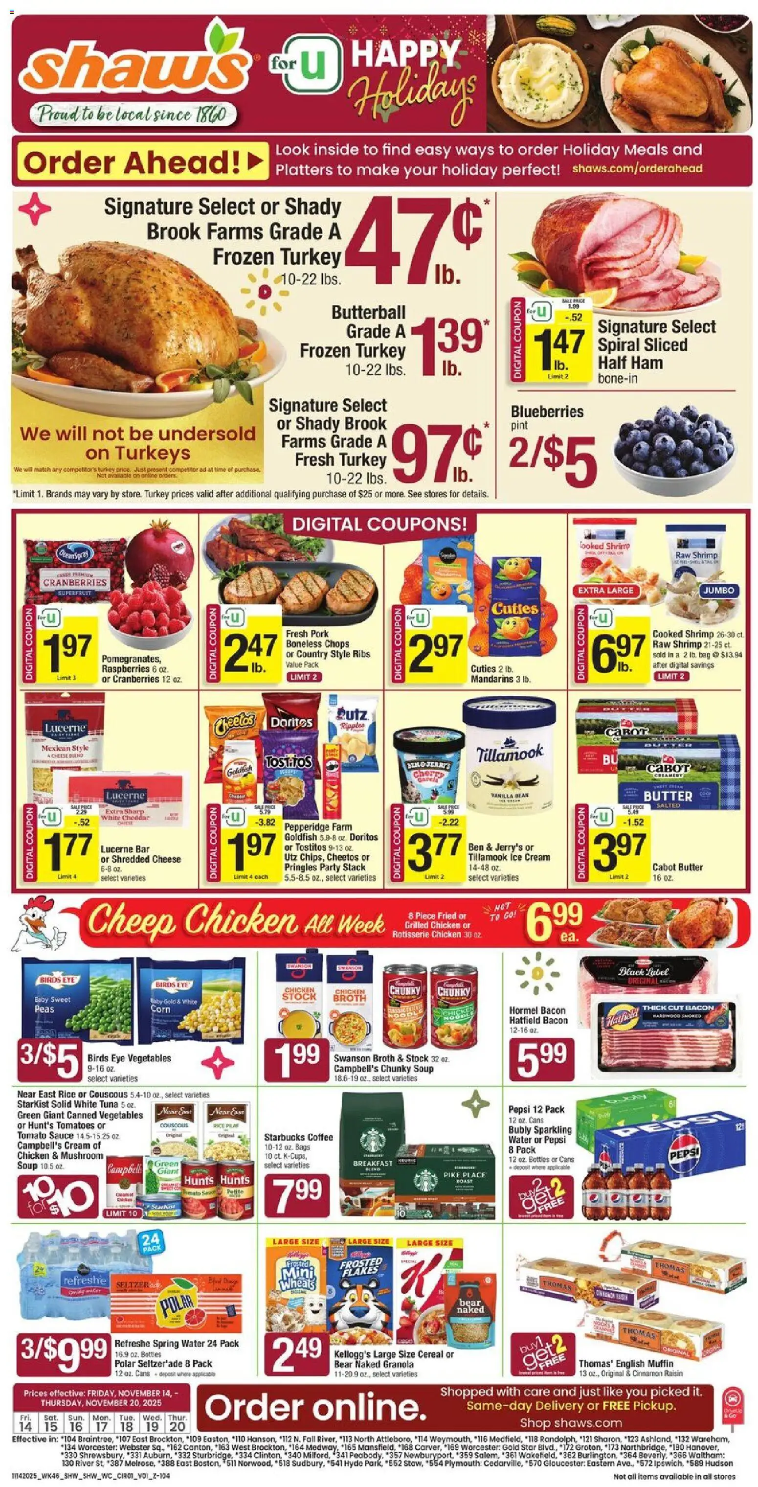 Shaw's Weekly Ad - valid from 14.11.2025 | Page: 1 | Products: Corn, Butter, Cream, Muffin