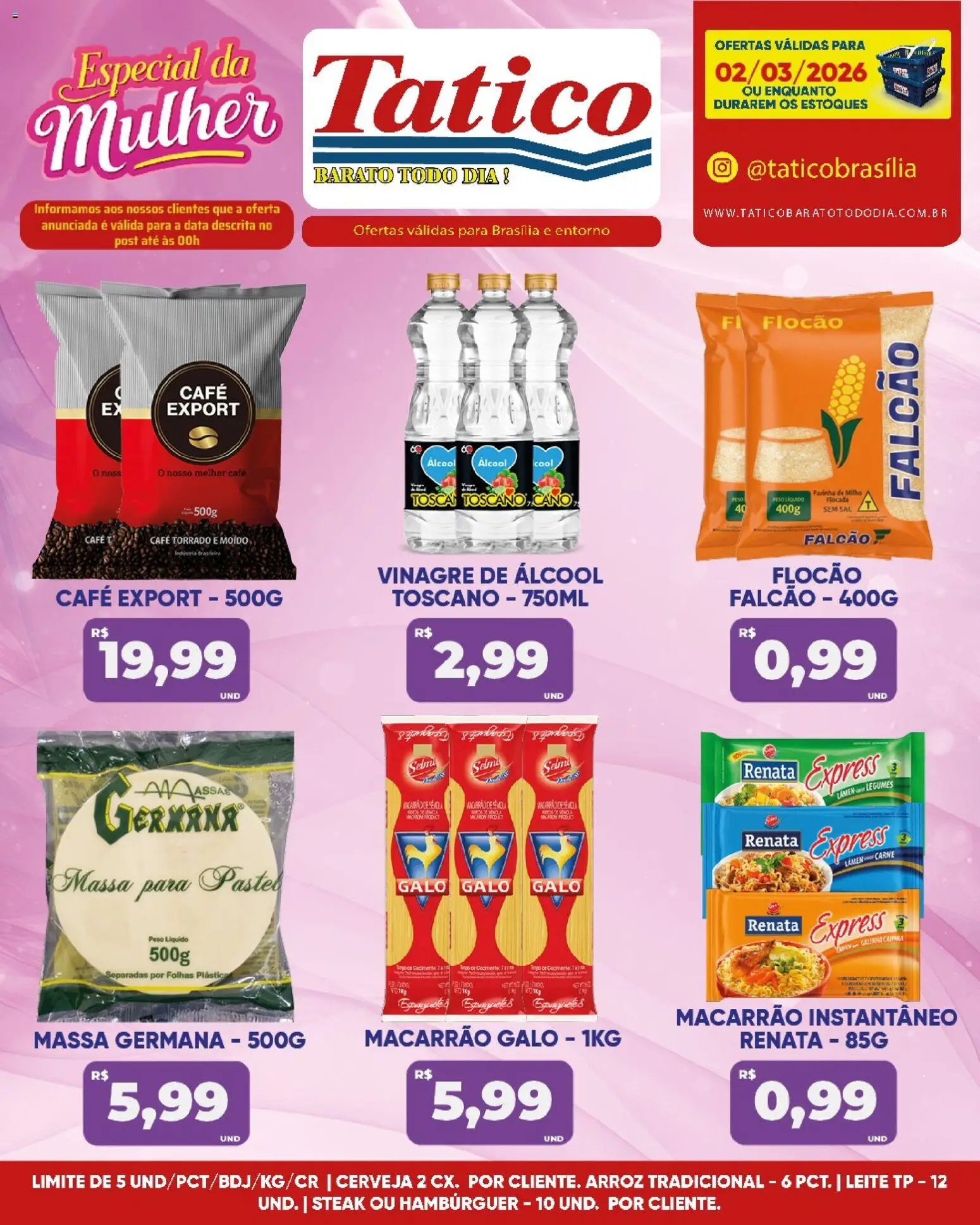Tatico Folheto - válido de 03.03.2026 | Página: 20 | Produtos: Vinagre, Arroz, Hambúrguer, Macarrão instantâneo
