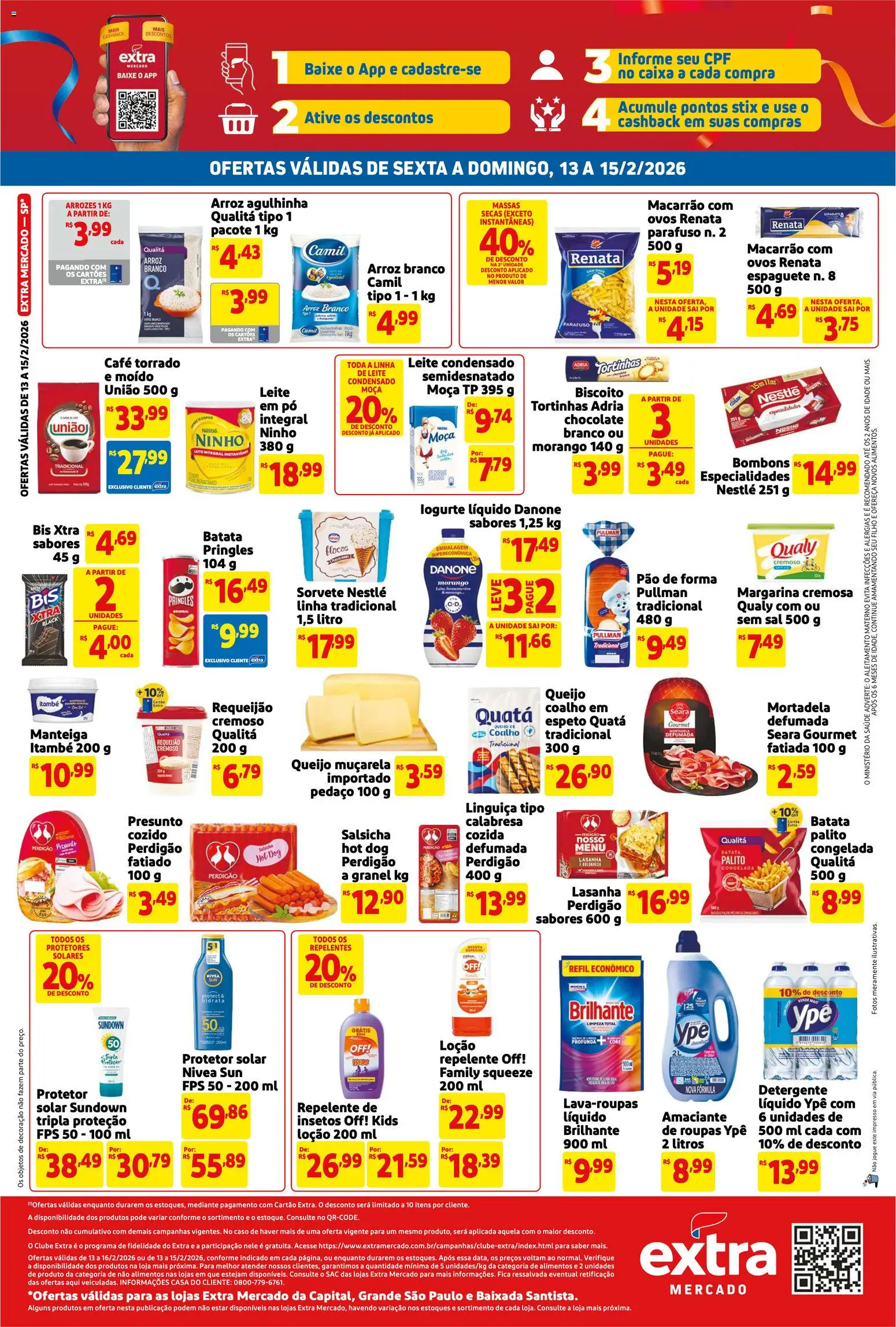 Extra Folheto - válido de 13.02.2026 | Página: 2 | Produtos: Linguiça, Leite, Pão de forma, Requeijão