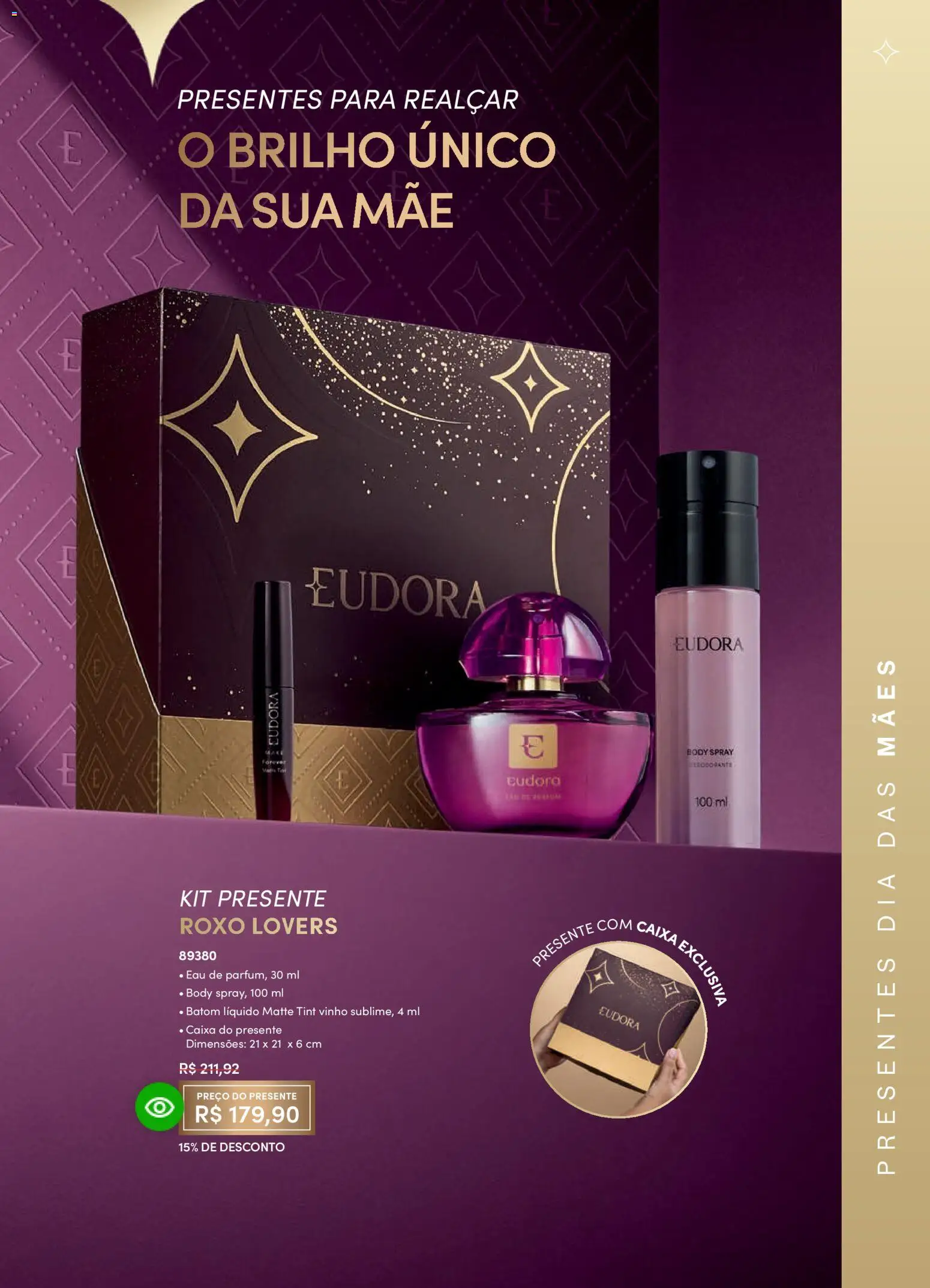 Eudora Folheto - válido de 11.03.2026 | Página: 15 | Produtos: Batom, Caixa, Vinho, Body