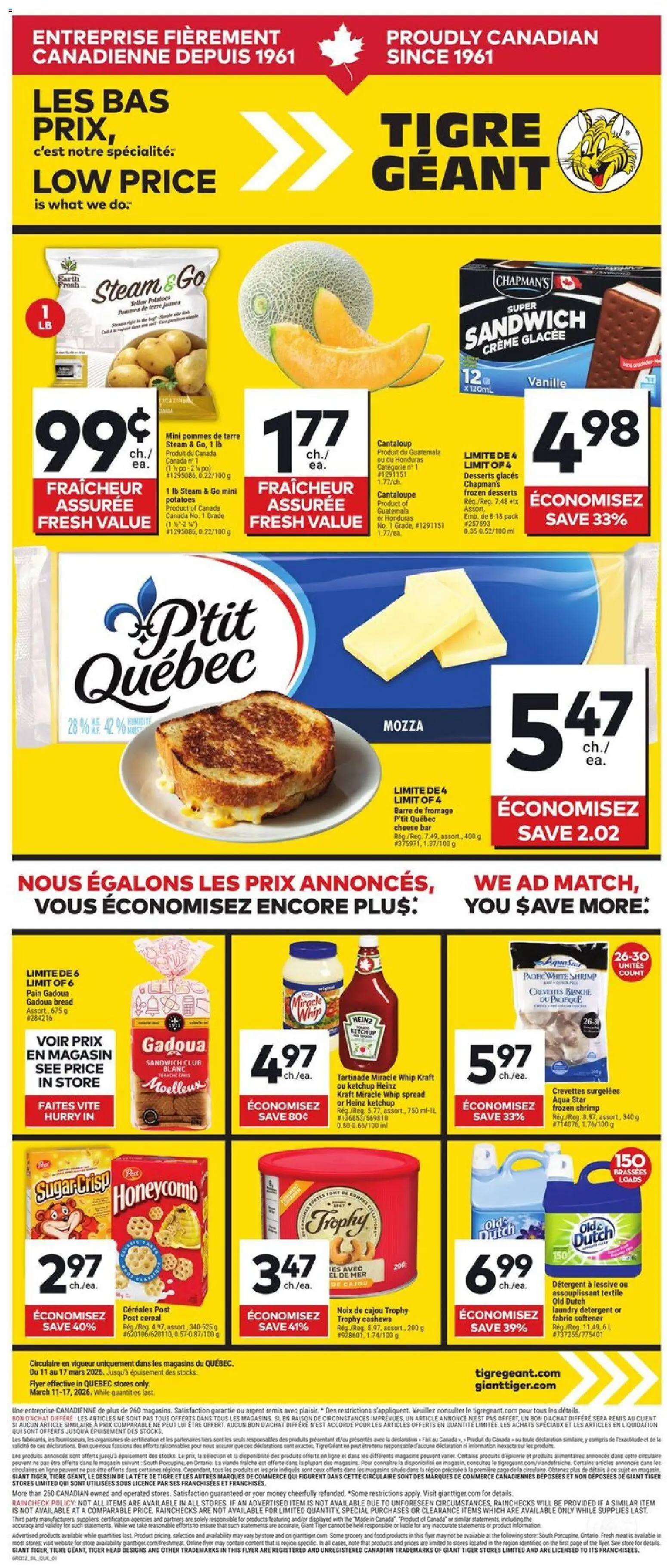 Giant Tiger flyer valid from 11.03.2026 | Page: 1 | Products: Ketchup, Fabric softener, Cheese, Bread