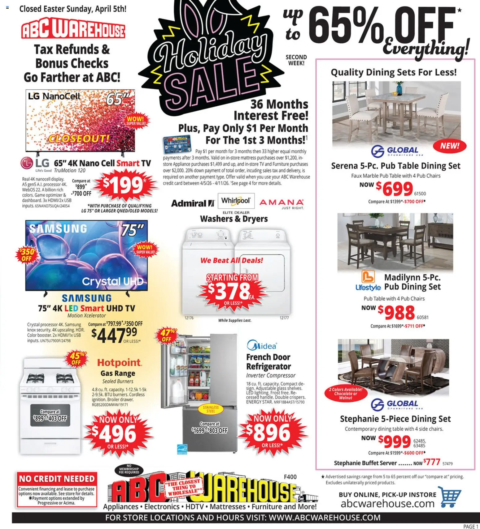 ABC Warehouse Weekly Ad - valid from 05.04.2026 | Page: 1 | Products: Compressor, Table, Game, Refrigerator