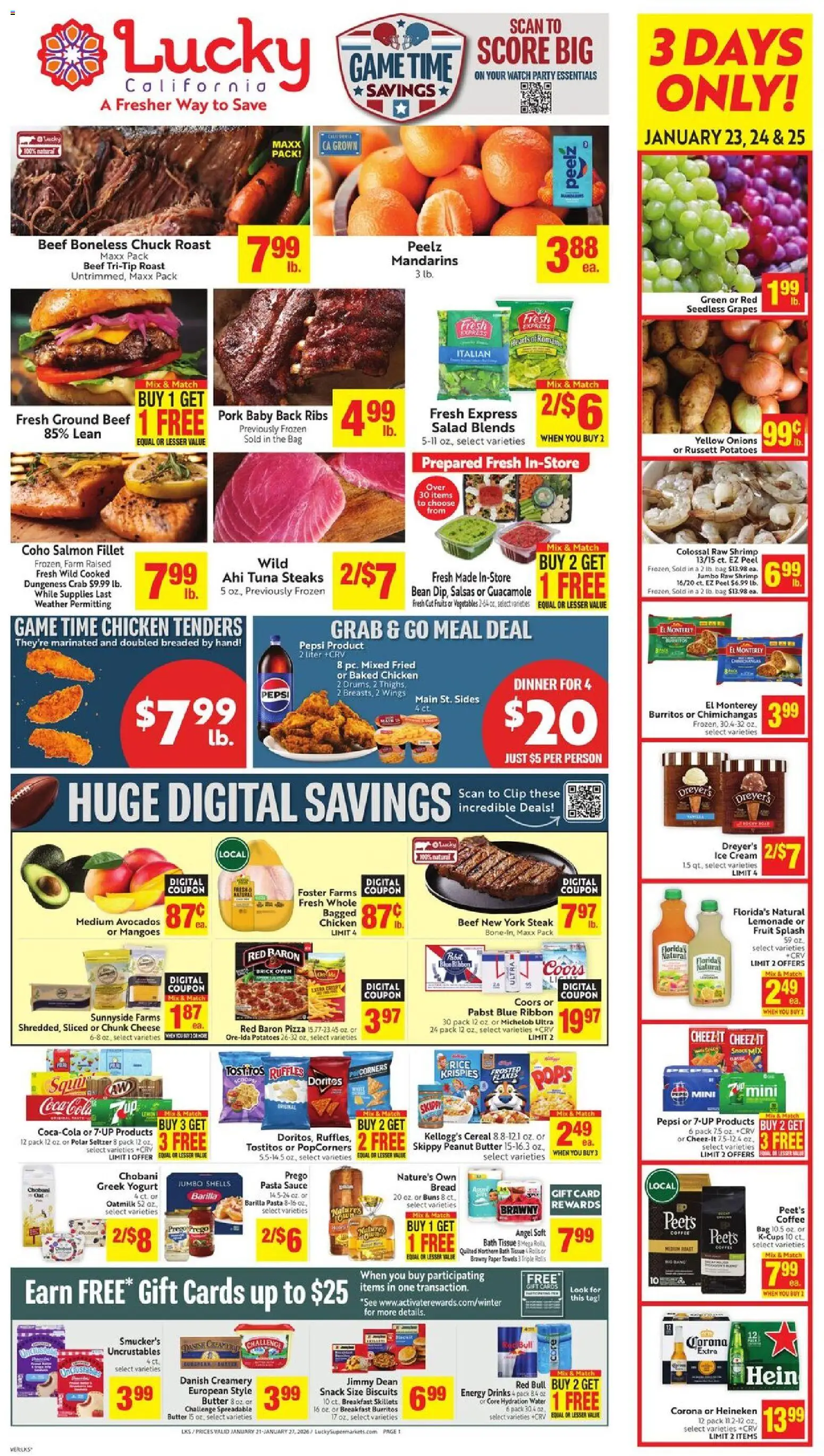 Lucky Supermarkets Weekly - CA - valid from 21.01.2026 | Page: 1 | Products: Bath, Chips, Fruits, Grapes