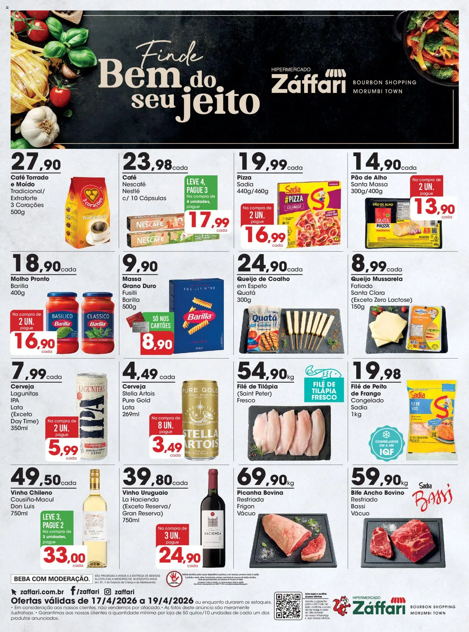 Zaffari Folheto - válido de 17.04.2026 | Página: 1 | Produtos: Pao de alho, Café, Cerveja, Filé de tilápia