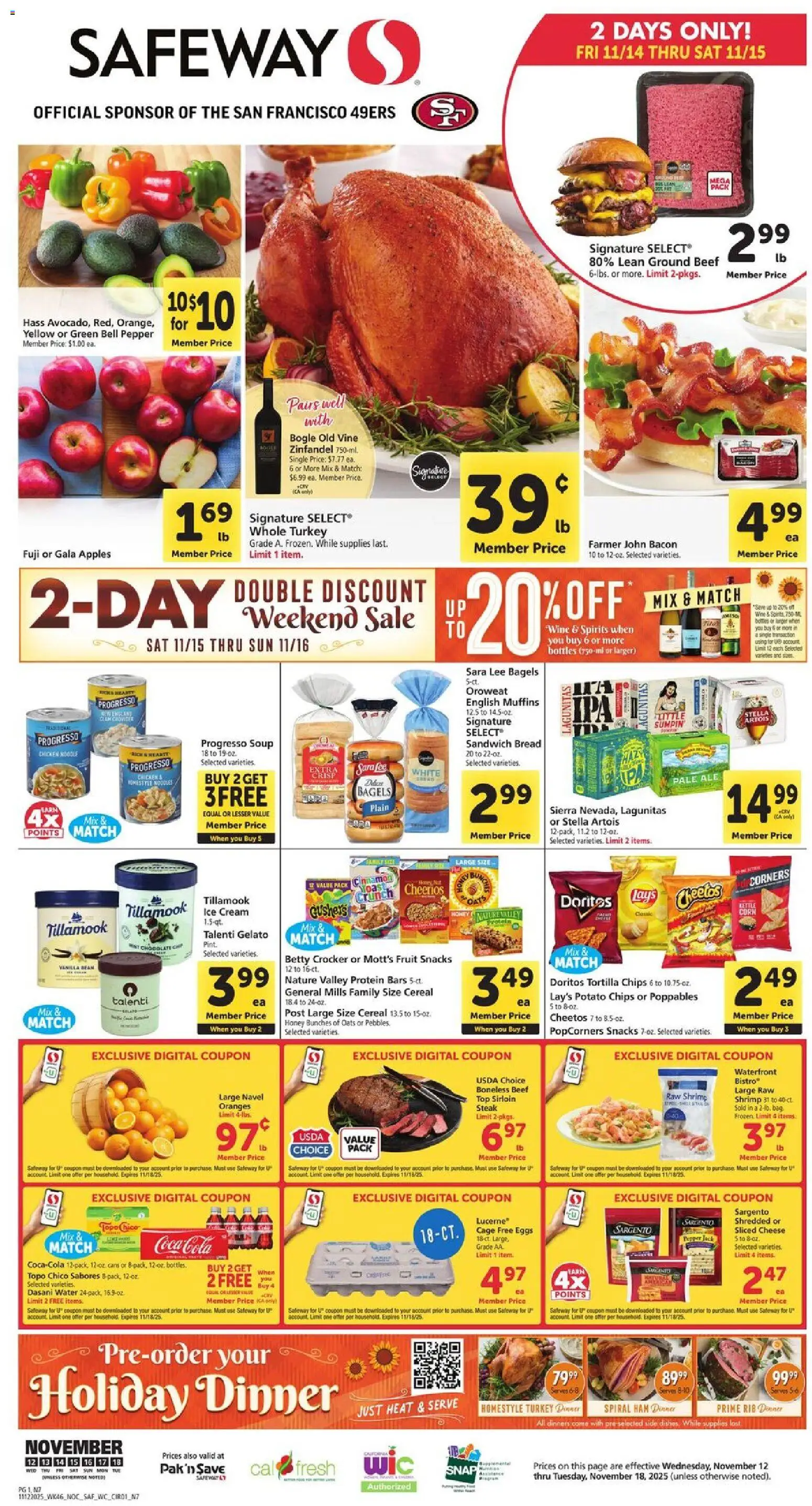 Safeway Weekly Ad - valid from 12.11.2025 | Page: 1 | Products: Wine, Apples, Oranges, Water