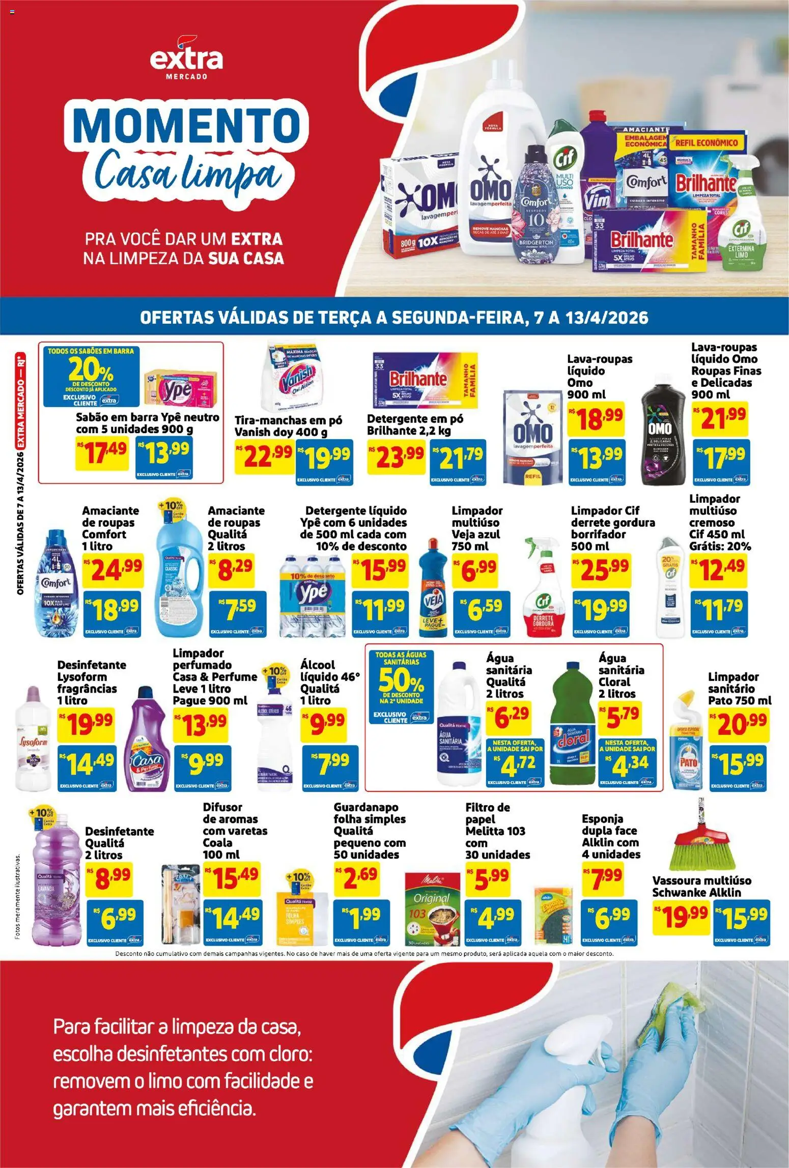 Extra Folheto - válido de 07.04.2026 | Página: 3 | Produtos: Esponja, Cloro, Amaciante, Desinfetante