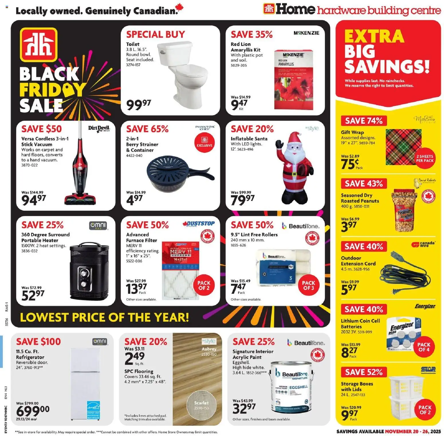 Home Hardware flyer valid from 20.11.2025 | Page: 1 | Products: Refrigerator, Carpet