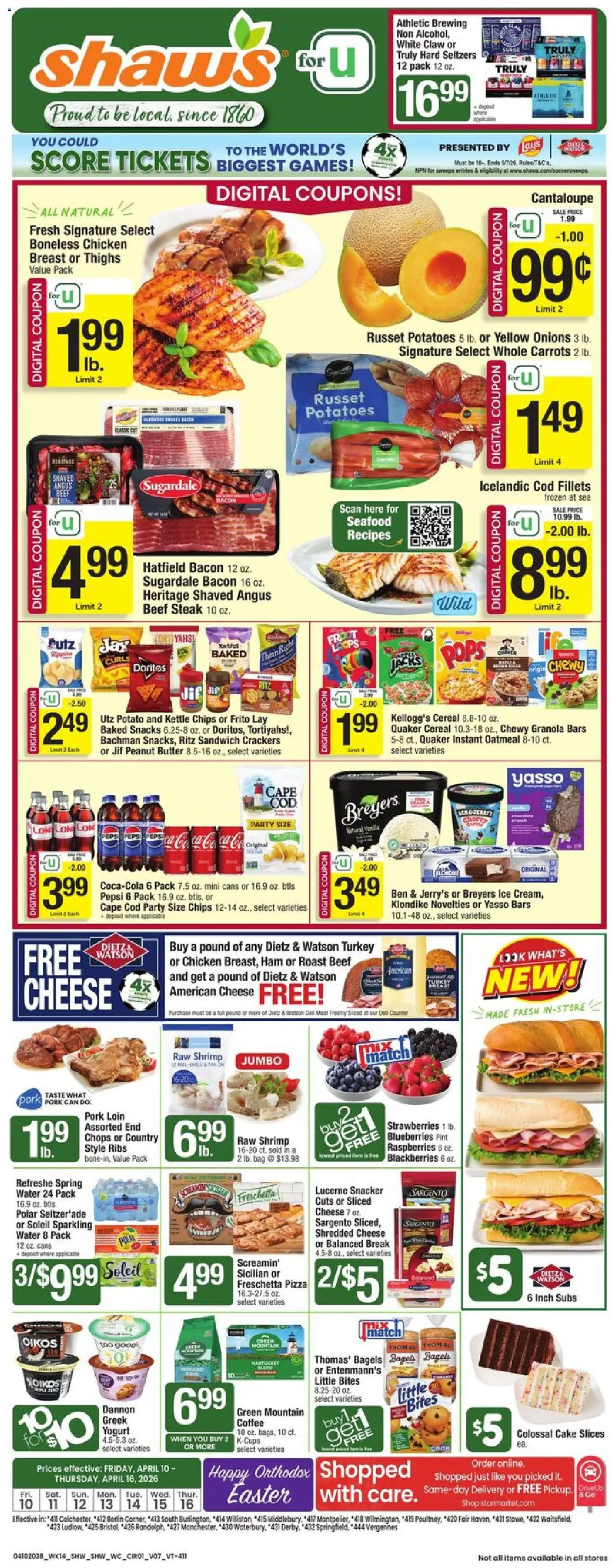 Shaw's Weekly Ad - VT - valid from 10.04.2026 | Page: 1 | Products: Pizza, Beef, Strawberries, Potatoes