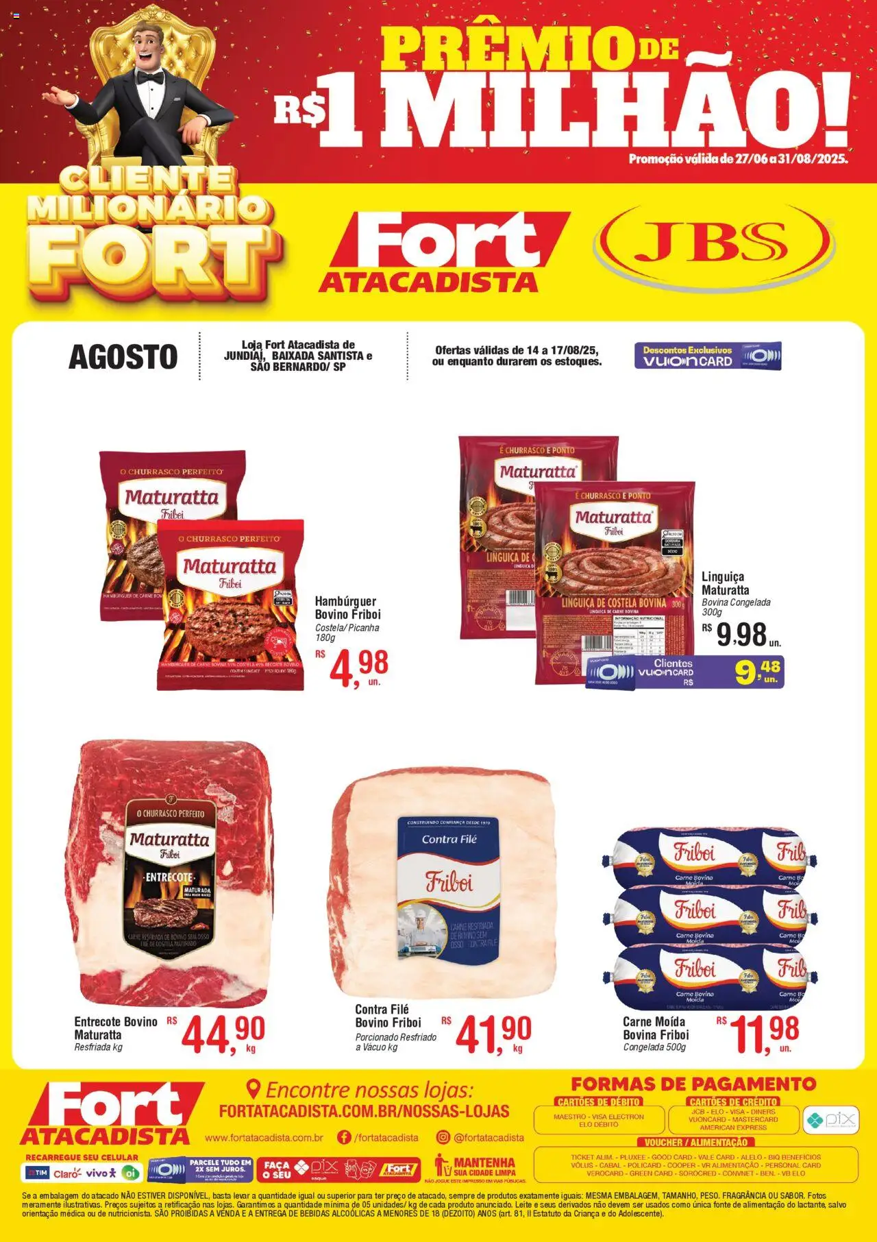 Fort Atacadista Folheto - válido de 14.08.2025 | Página: 1 | Produtos: Saquê, Contra filé, Picanha, Hambúrguer