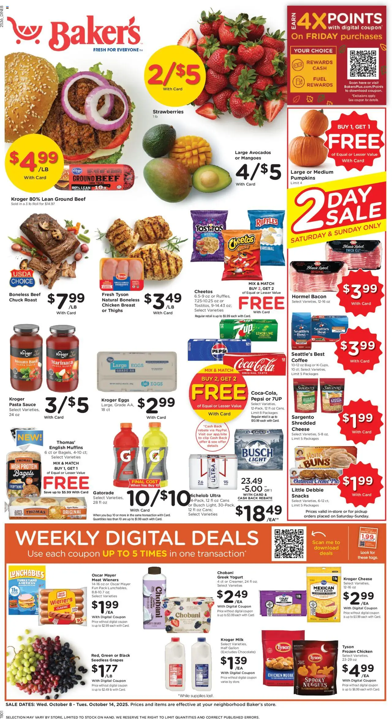 Baker's Weekly Ad - valid from 08.10.2025 | Page: 1 | Products: Beef, Strawberries, Lemon, Bag