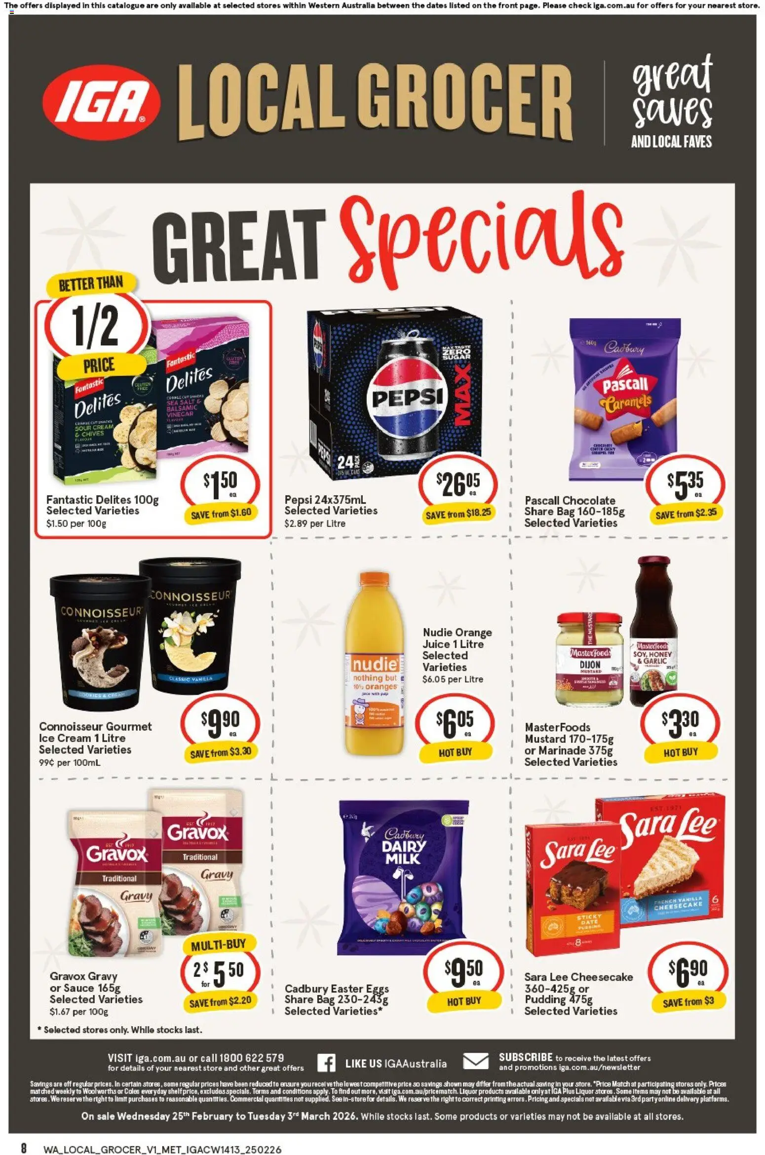 IGA catalogue - valid from 25.02.2026 | Page: 8 | Products: Milk, Eggs, Pepsi, Sauce
