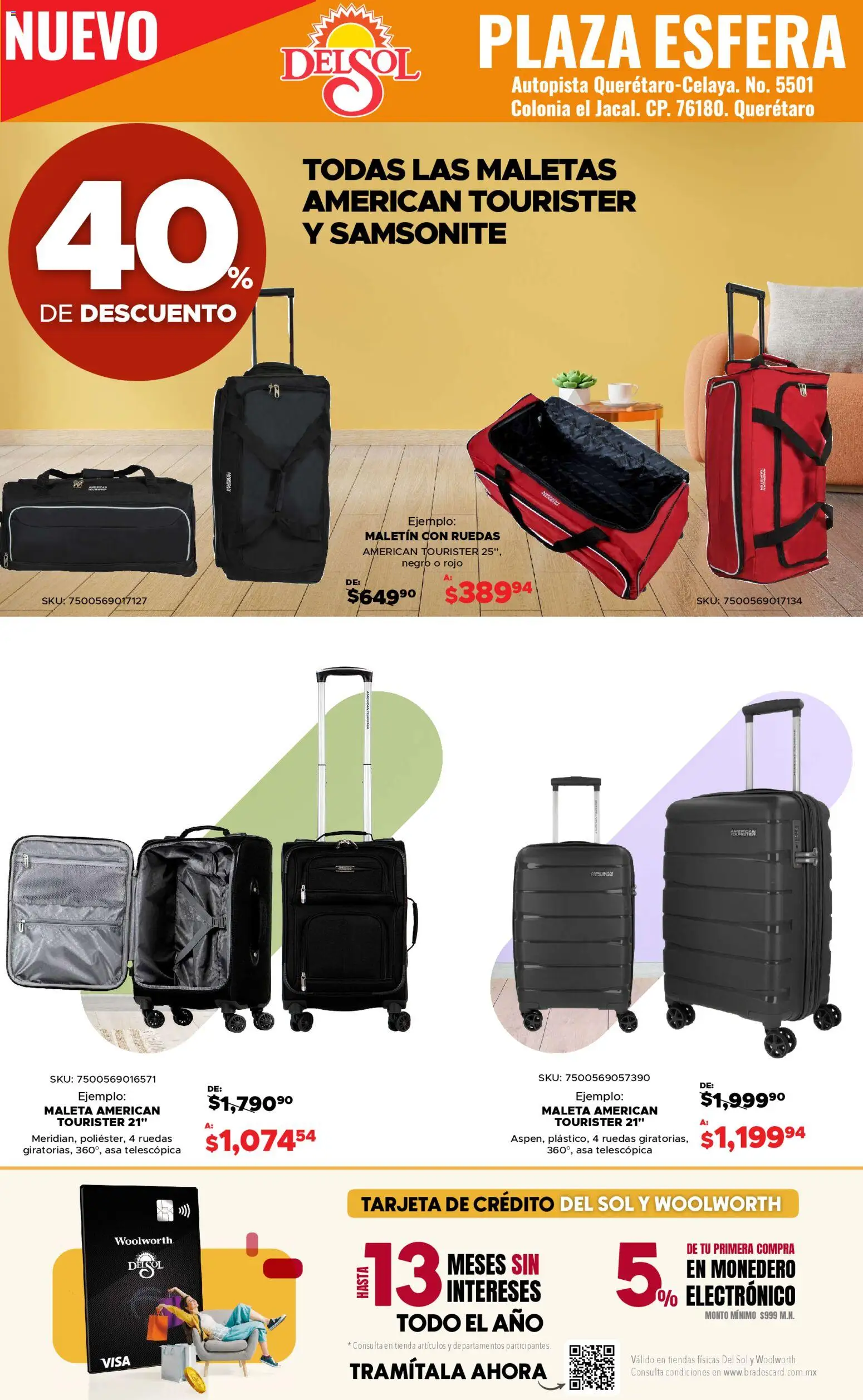 Nuevas ofertas de Del Sol y Woolworth válidas en toda la República Mexicana desde el 13.11.2025. ¡Encuentra las mejores ofertas en Del Sol y Woolworth catálogo Apertura Querétaro Esfera 1201! | Página: 33 | Productos: Monedero, Maleta