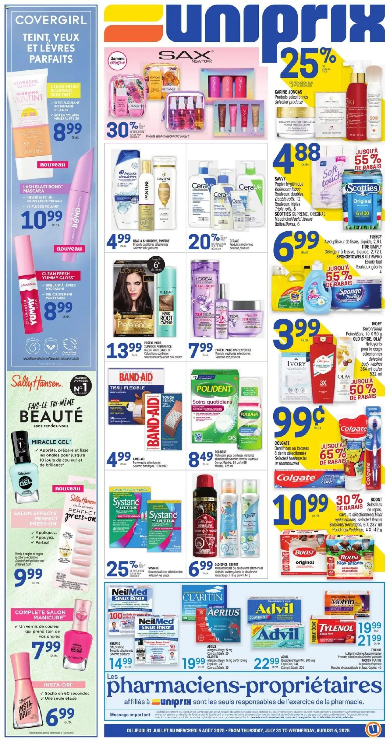 Uniprix flyer valid from 31.07.2025 | Page: 1 | Products: Sponge, Mascara, Shampoo, Detergent