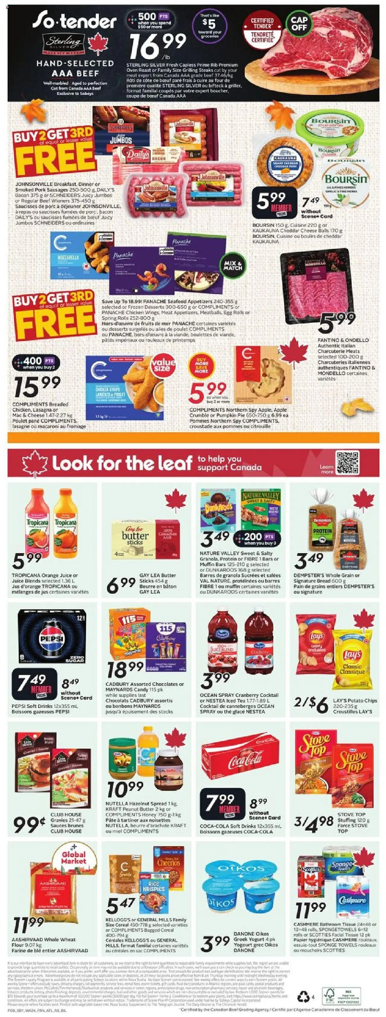 Sobeys flyer valid from 09.10.2025 | Page: 4 | Products: Sponge, Yogurt, Juice, Chicken