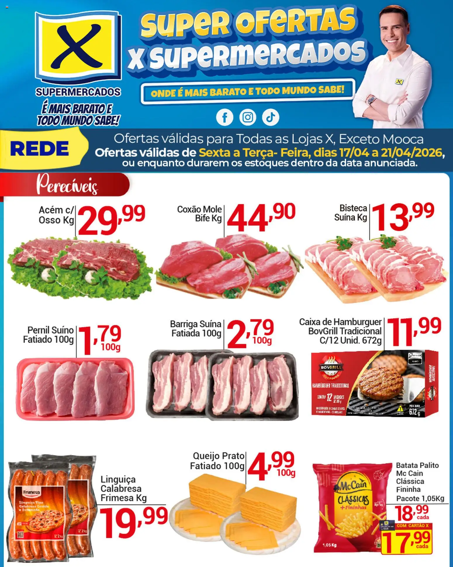 X Supermercados Folheto - válido de 17.04.2026 | Página: 1 | Produtos: Caixa, Queijo, Hambúrguer, Batata