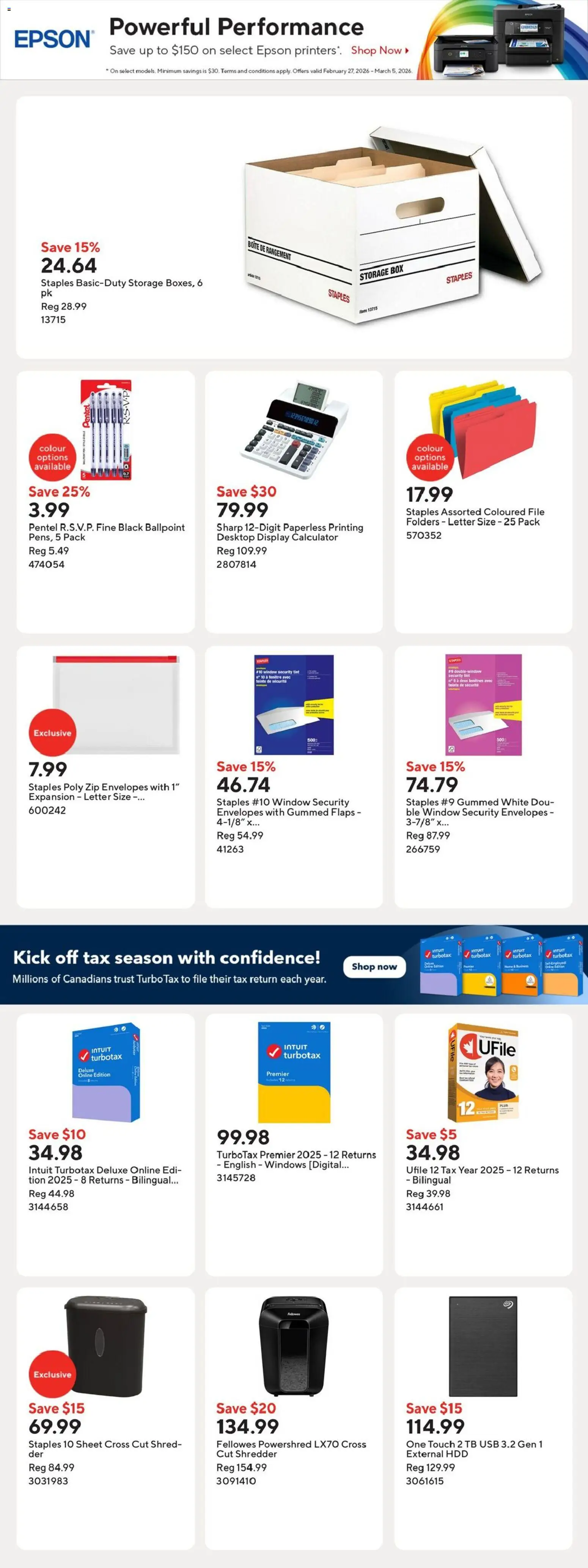 Staples flyer valid from 27.02.2026 | Page: 5 | Products: Calculator, Shredder, Box