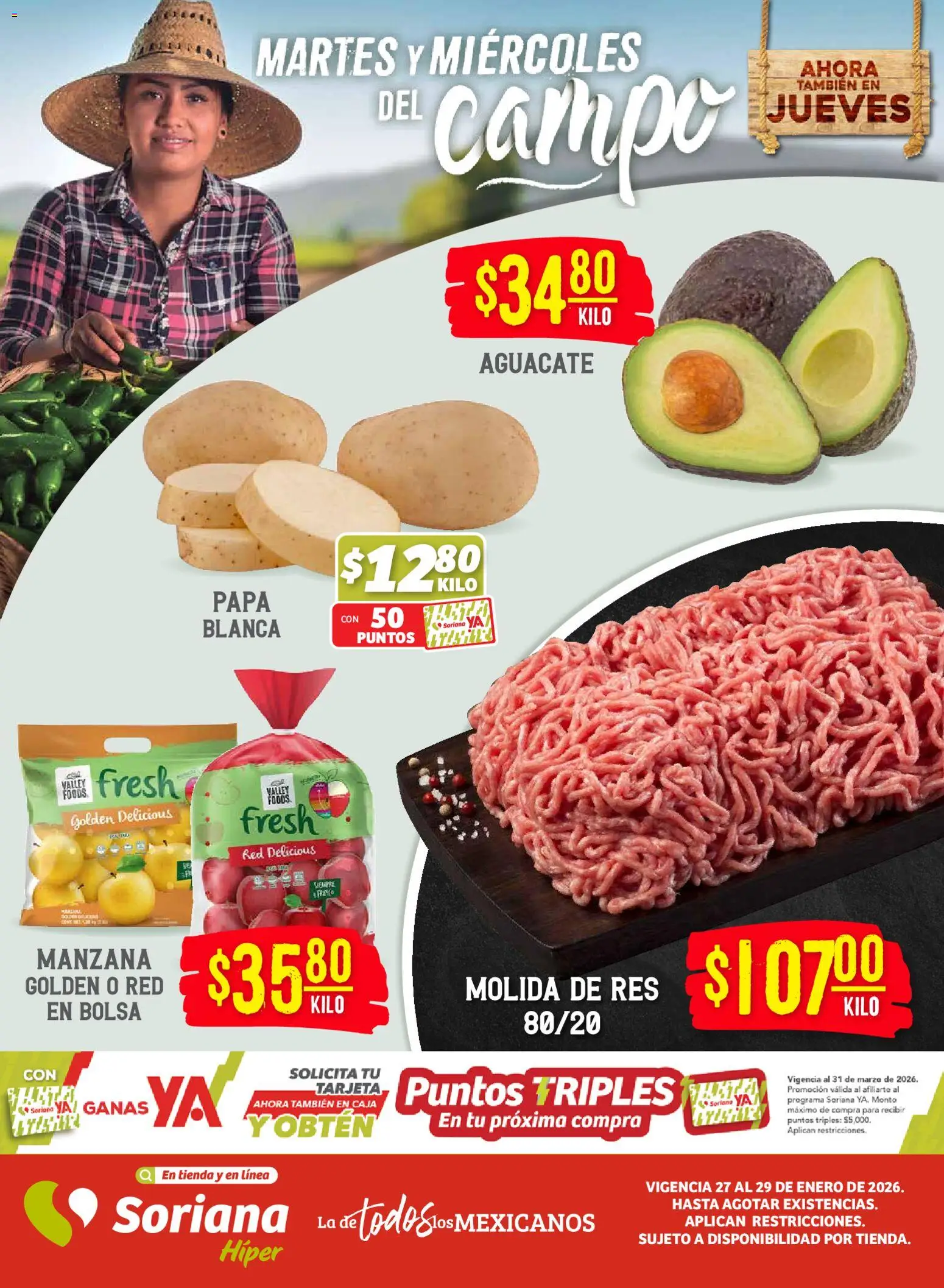 Nuevas ofertas de Soriana válidas en toda la República Mexicana desde el 27.01.2026. ¡Encuentra las mejores ofertas en Soriana - Martes y Miércoles del Campo Híper: Juárez! | Página: 1 | Productos: Bolsa, Aguacate, Res, Caja