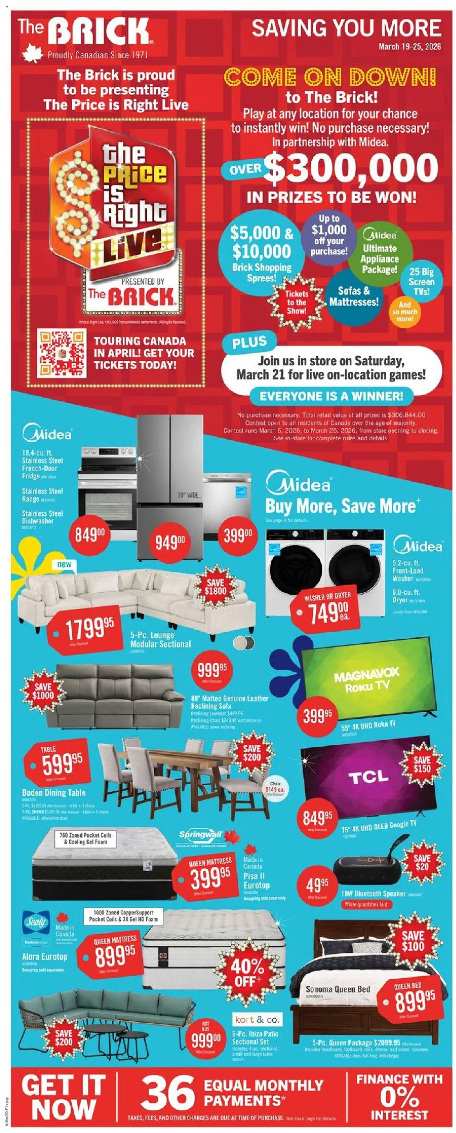 The Brick weekly flyer / circulaire flyer valid from 19.03.2026 | Page: 1 | Products: Tv, Bed, Mattress, Table