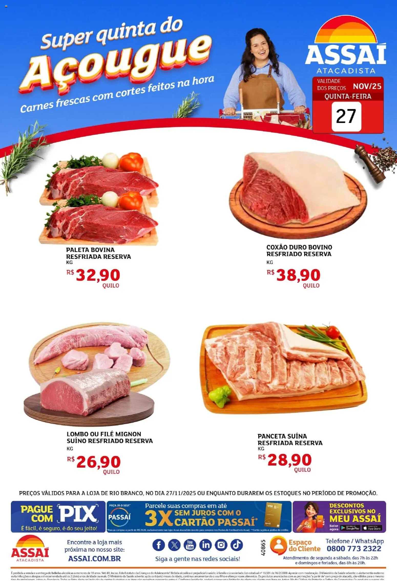 Assaí Atacadista Folheto - válido de 27.11.2025 | Página: 1 | Produtos: Filé mignon, Lombo, Bebida, Telefone