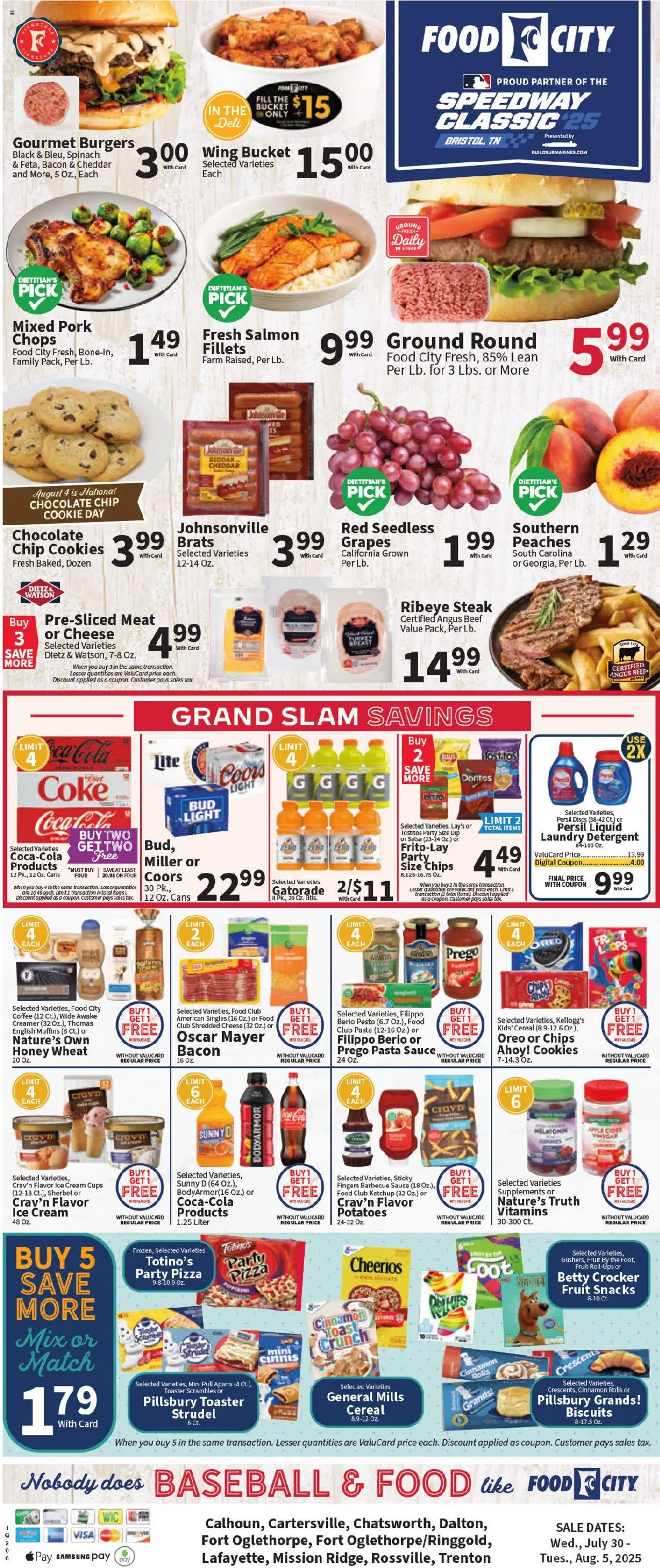 Food City Weekly Ad - valid from 30.07.2025 | Page: 3 | Products: Peaches, Pizza, Sauce, Grapes