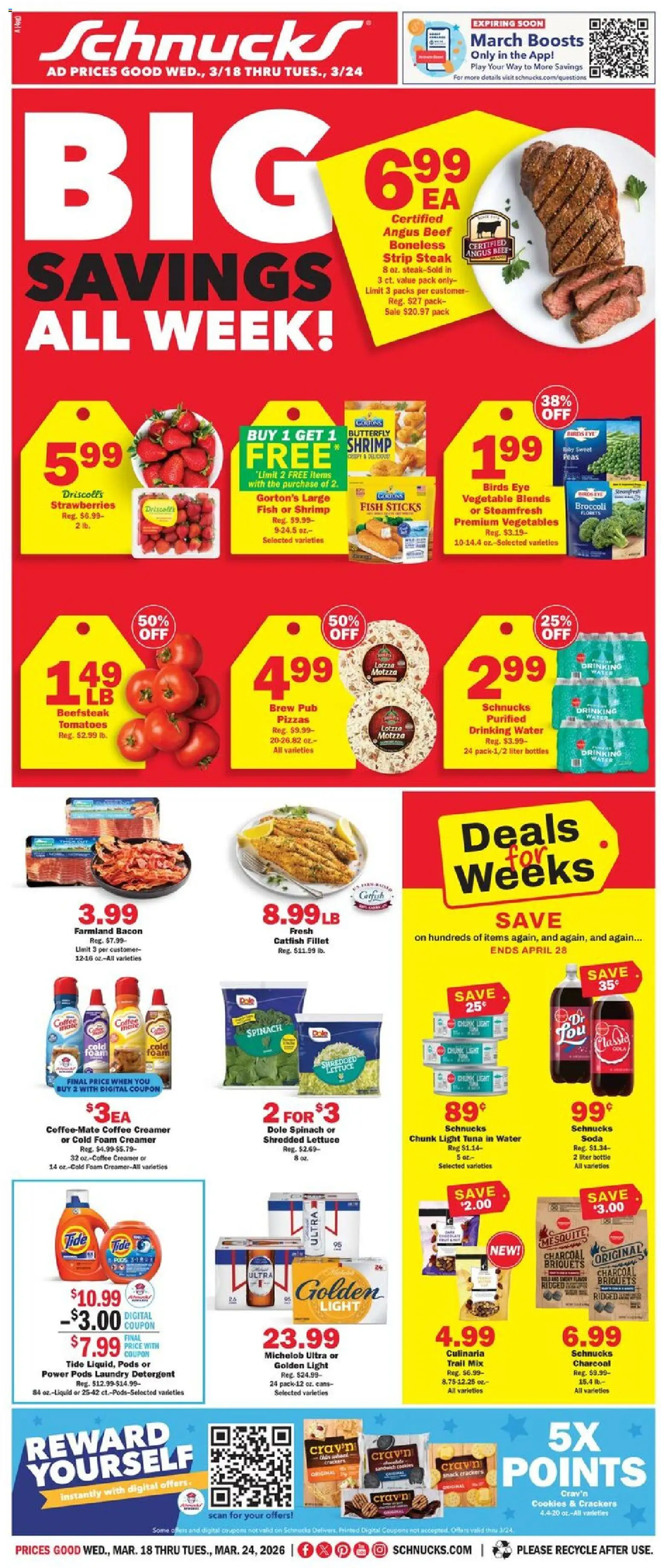 Schnucks Weekly Print Ad - MO - valid from 18.03.2026 | Page: 1 | Products: Broccoli, Coffee, Fish, Detergent