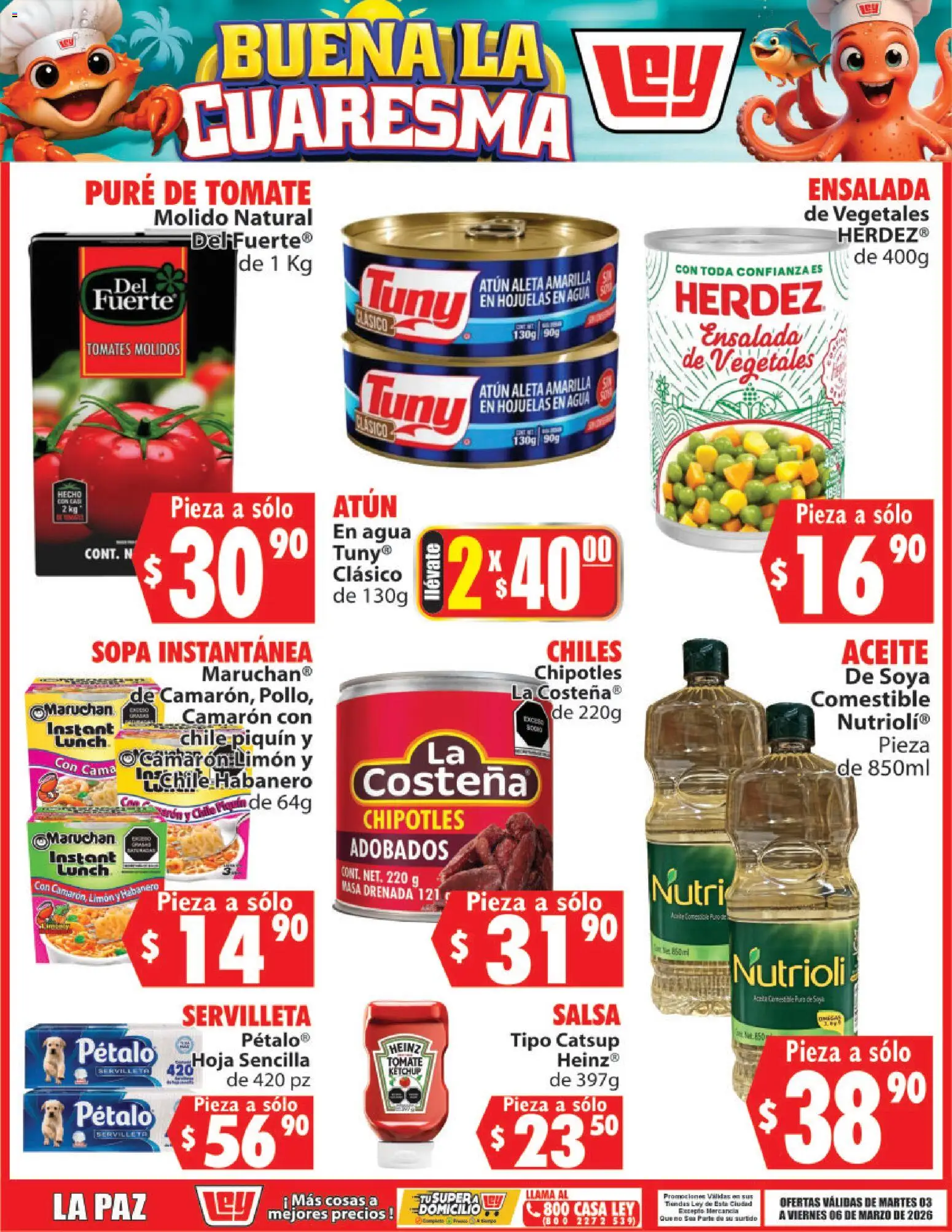 Nuevas ofertas de Casa Ley válidas en toda la República Mexicana desde el 03.03.2026. ¡Encuentra las mejores ofertas en Casa Ley folleto Buena la Cuaresma! | Página: 4 | Productos: Aceite, Catsup, Hojuelas, Tomates