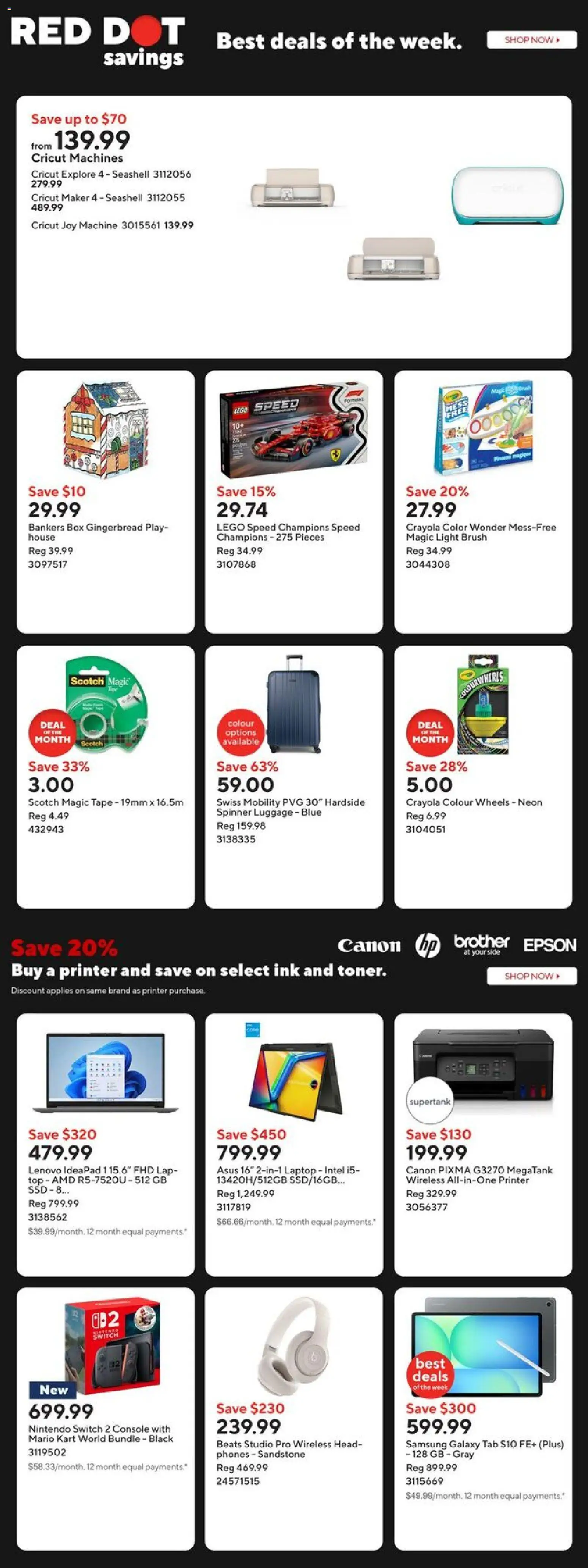 Staples flyer valid from 05.12.2025 | Page: 2 | Products: Luggage, Printer, Brush, Box