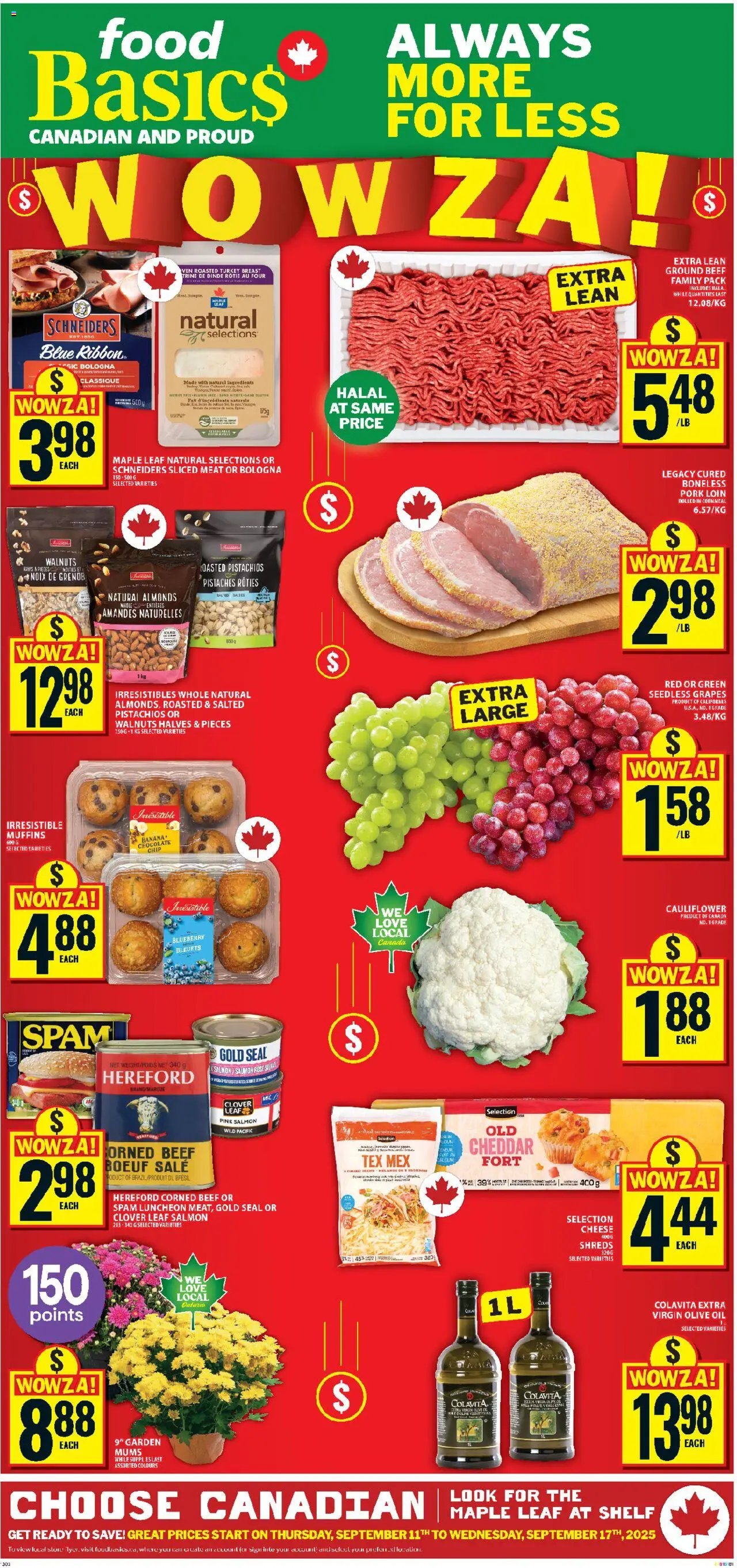 Food Basics flyer valid from 11.09.2025 | Page: 1 | Products: Turkey, Cheese, Oil, Chocolate