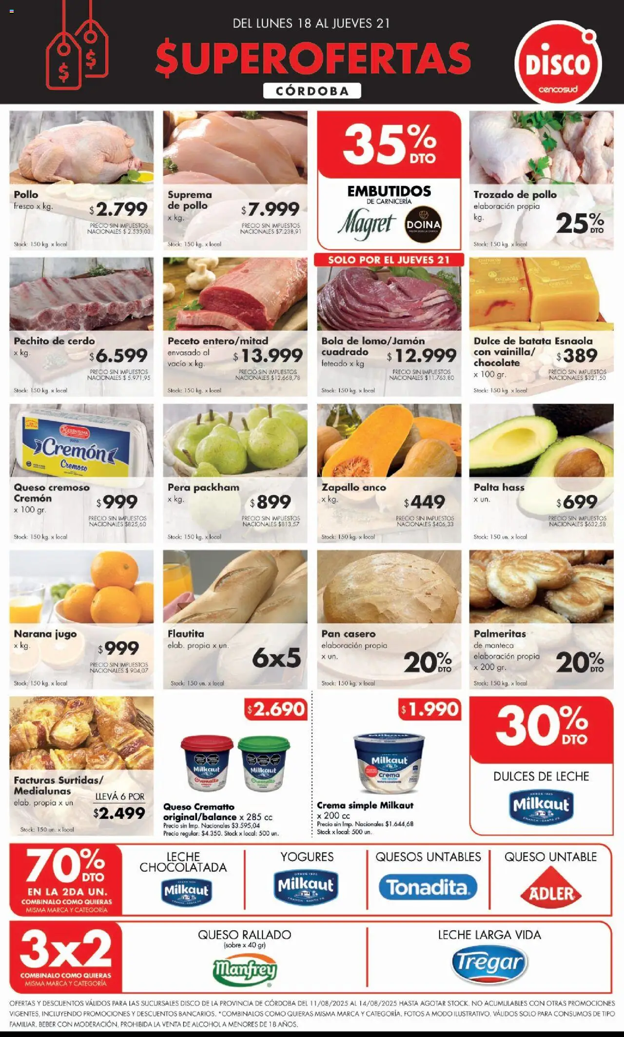 Disco ofertas - Córdoba │ válido desde el 18.08.2025 | Página: 1 | Productos: Batata, Queso, Chocolatada, Jugo