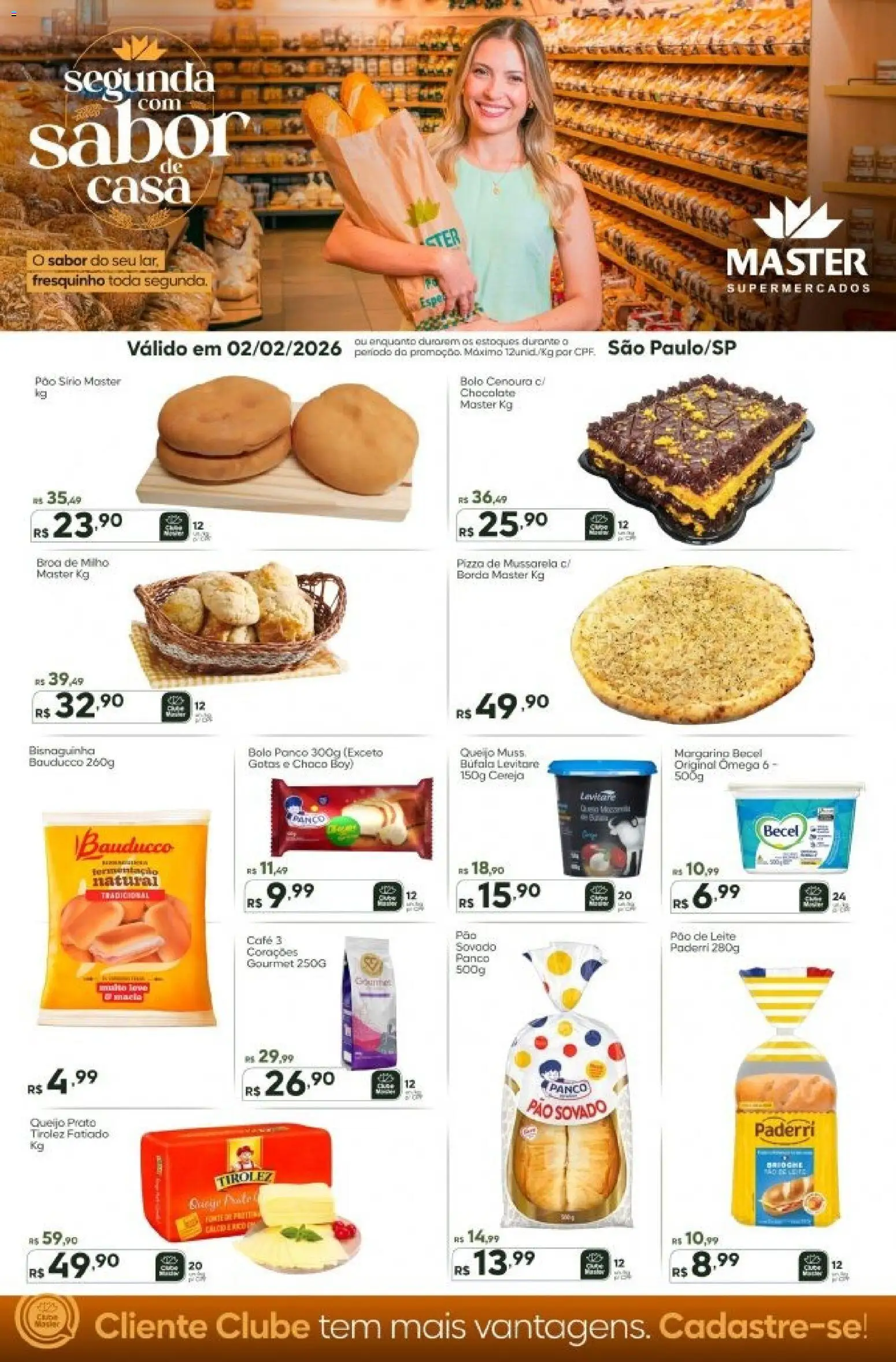 Master Folheto - válido de 02.02.2026 | Página: 1 | Produtos: Leite, Pizza, Bolo, Mussarela