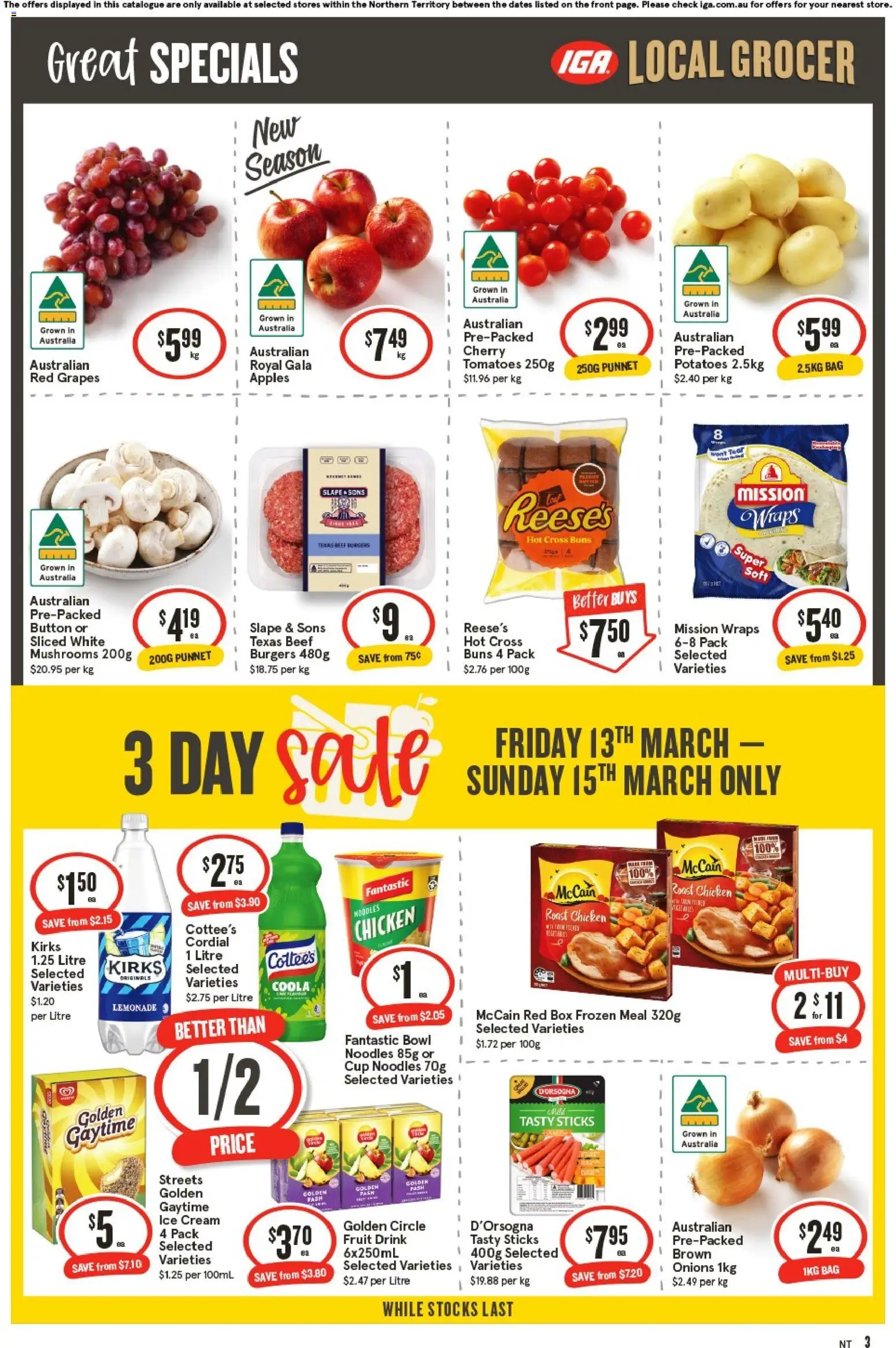 IGA catalogue - valid from 11.03.2026 | Page: 3 | Products: Mushrooms, Beef, Potatoes, Onions