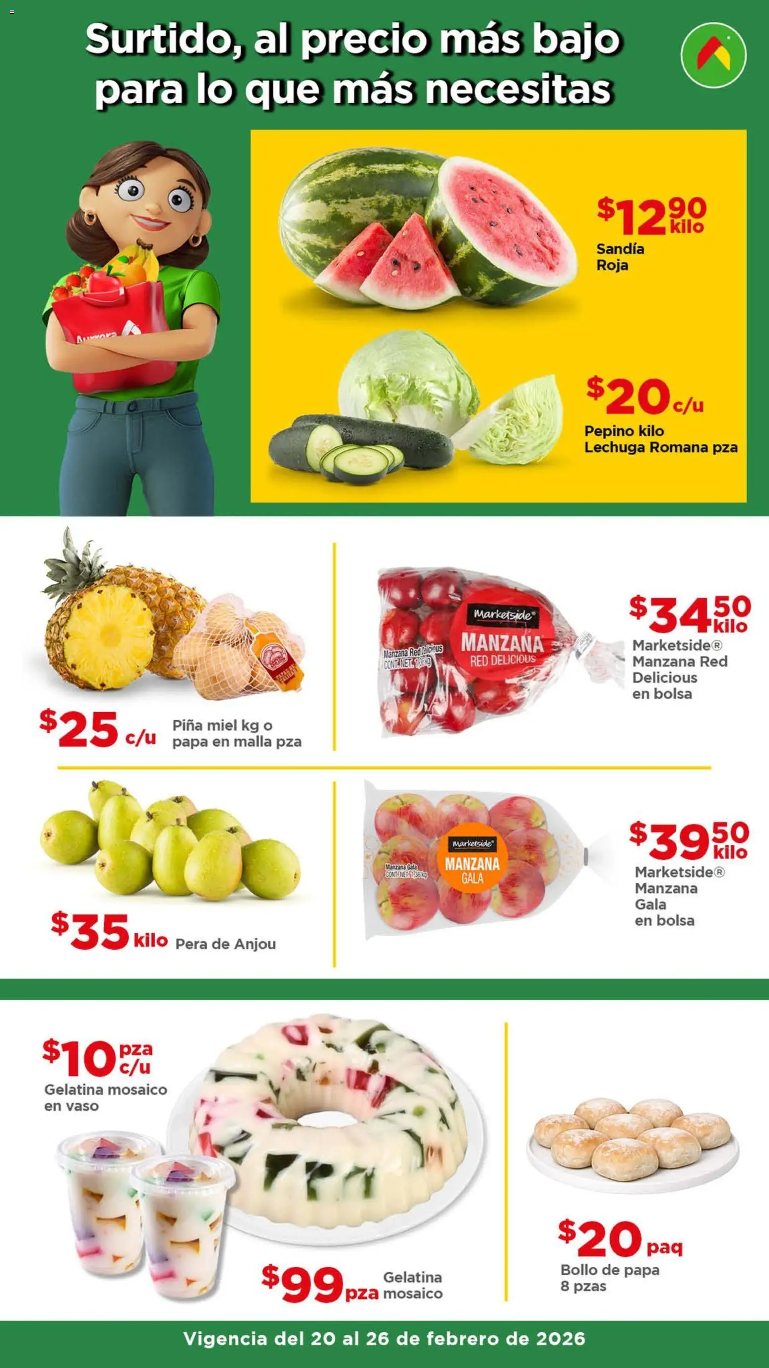 Nuevas ofertas de Bodega Aurrerá válidas en toda la República Mexicana desde el 20.02.2026. ¡Encuentra las mejores ofertas en Bodega Aurrerá folleto Aquí sí te alcanza ! | Página: 3 | Productos: Pera, Sandía, Piña, Malla