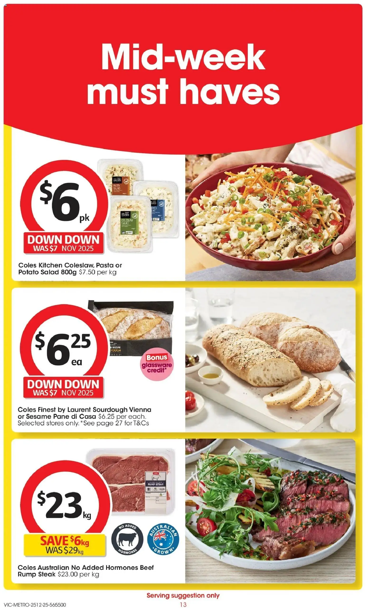 Coles catalogue - valid from 25.12.2025 | Page: 13 | Products: Glassware, Pasta, Salad, Steak