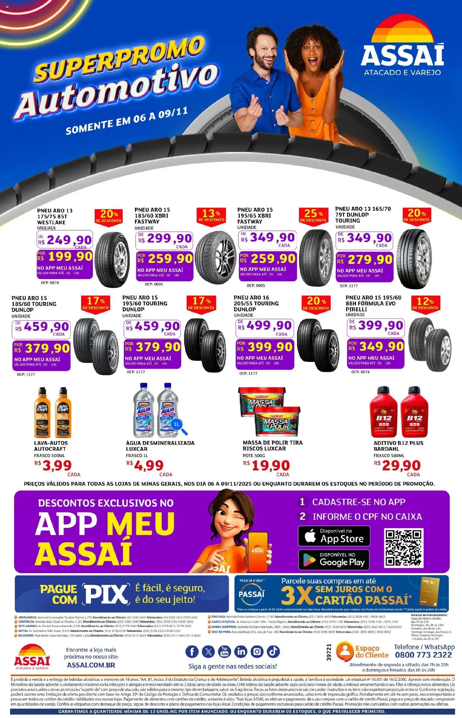 Assaí Atacadista Folheto - válido de 06.11.2025 | Página: 1 | Produtos: Pneu, Caixa, Massa, Pirelli