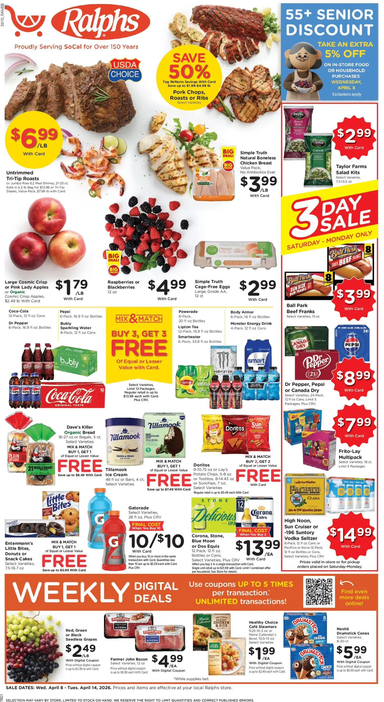 Ralphs Weekly Ad - valid from 08.04.2026 | Page: 1 | Products: Kale, Pork, Bag, 2人掛けソファ