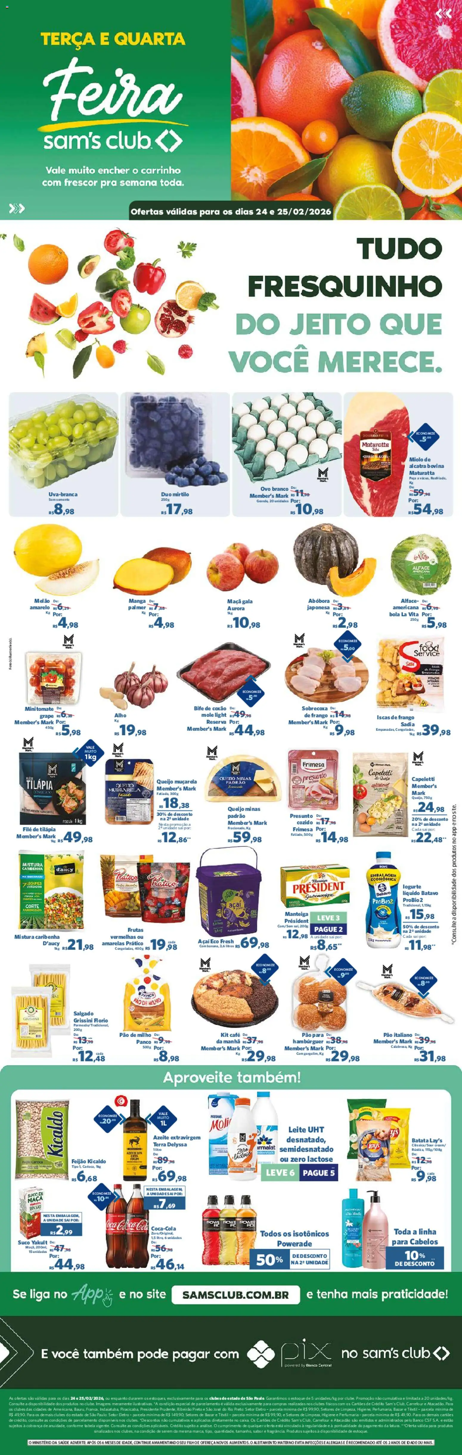 Sam's Club Folheto - válido de 24.02.2026 | Página: 1 | Produtos: Banco, Suco, Alface, Mussarela